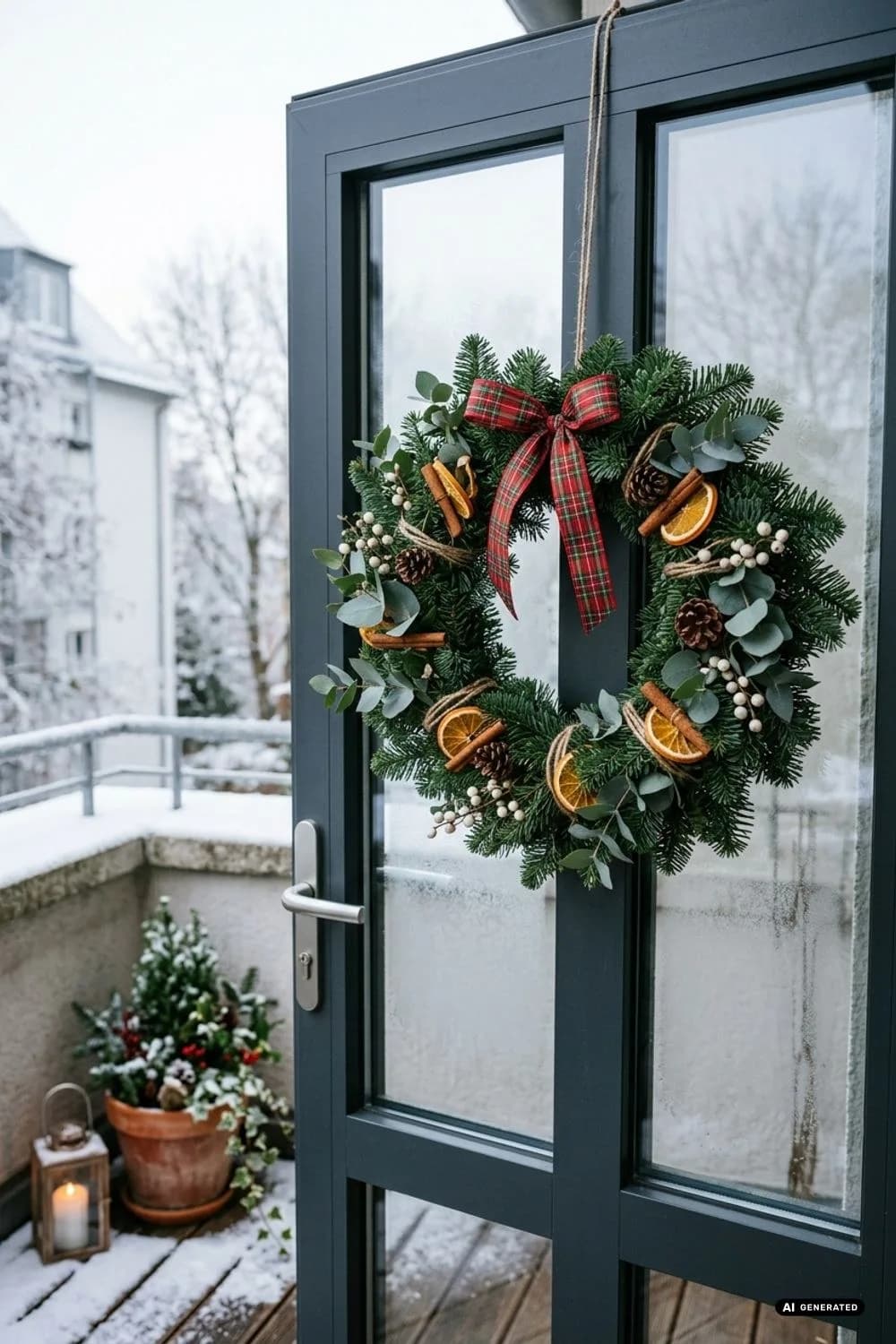 Ein selbstgemachter Kranz: Willkommensgruß an der Balkontür – 20 Ideen für einen weihnachtlichen Balkon – klein, aber festlich