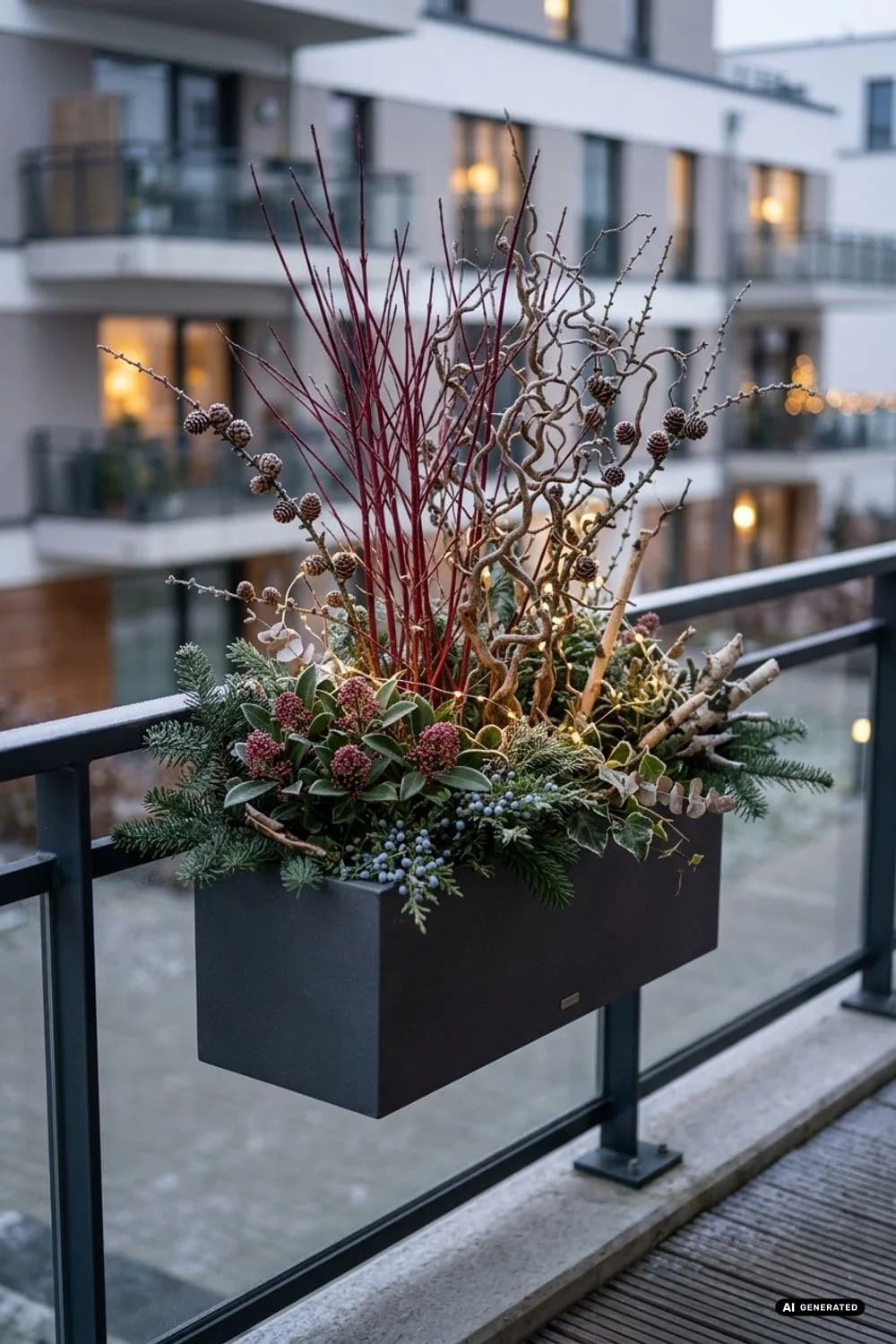 Dekoration mit Zweigen und Lichtern: Magische Abendstimmung – 12 Ideen für Balkonkästen im Winter (ohne Blüten, trotzdem schön)