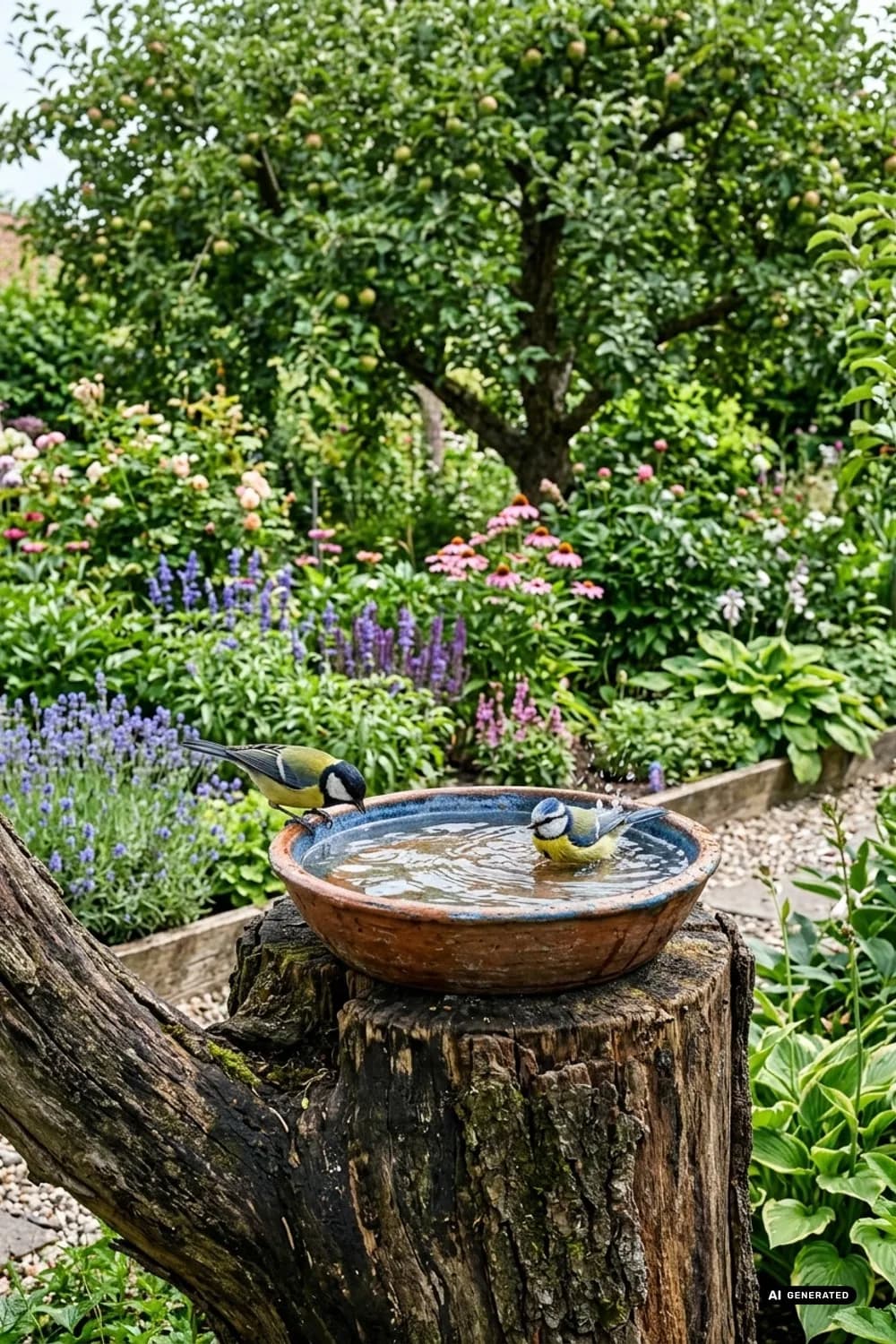 Vogeltränke oder Vogelbad: Eine Oase für gefiederte Freunde – Baumstamm im Garten dekorieren: 9 schöne Ideen
