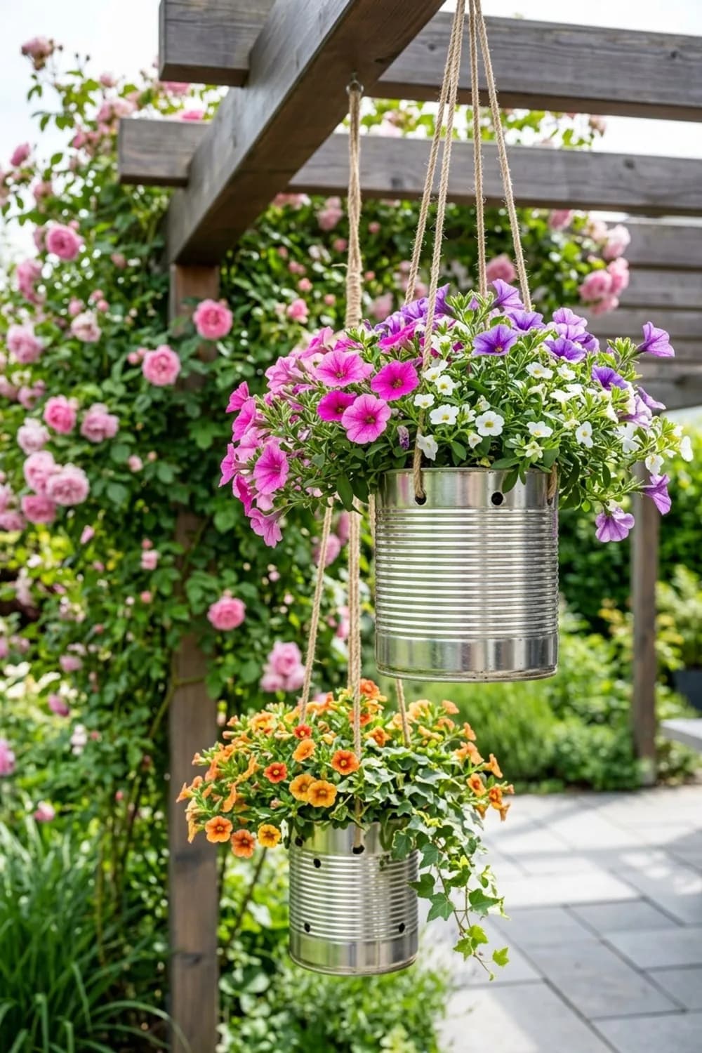 Hängende Blumenampeln: Blütenpracht in luftiger Höhe – Dosen-Upcycling im Garten: 10 kreative Ideen