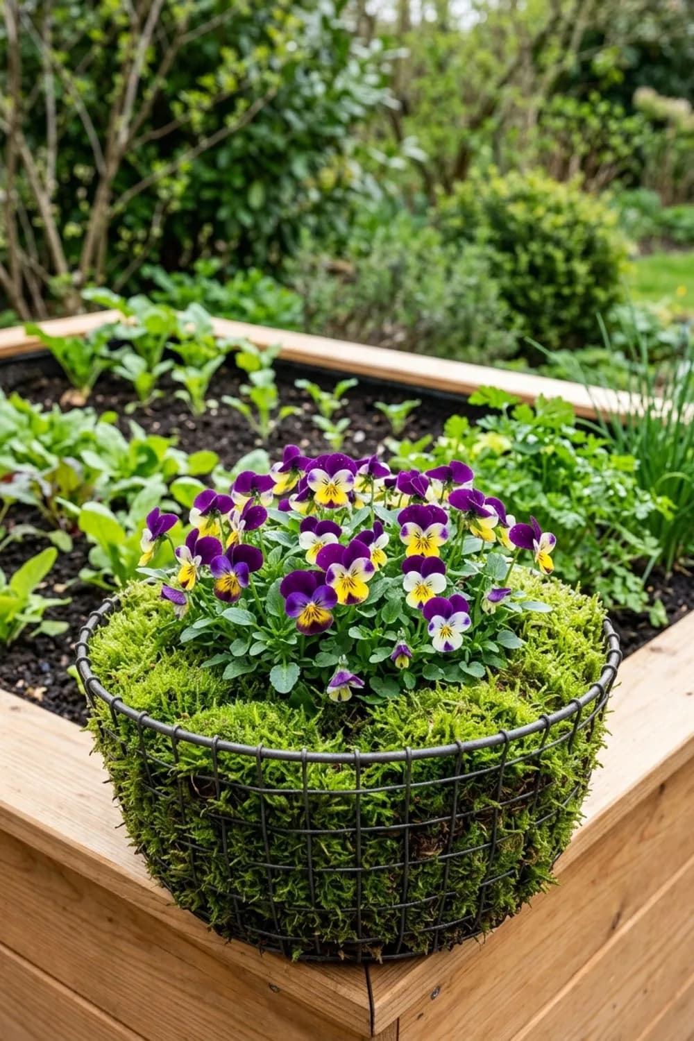 Klassischer Frühlingsgruß: Mit Moos und Hornveilchen – Drahtkorb dekorieren für den Garten: 11 schöne Ideen