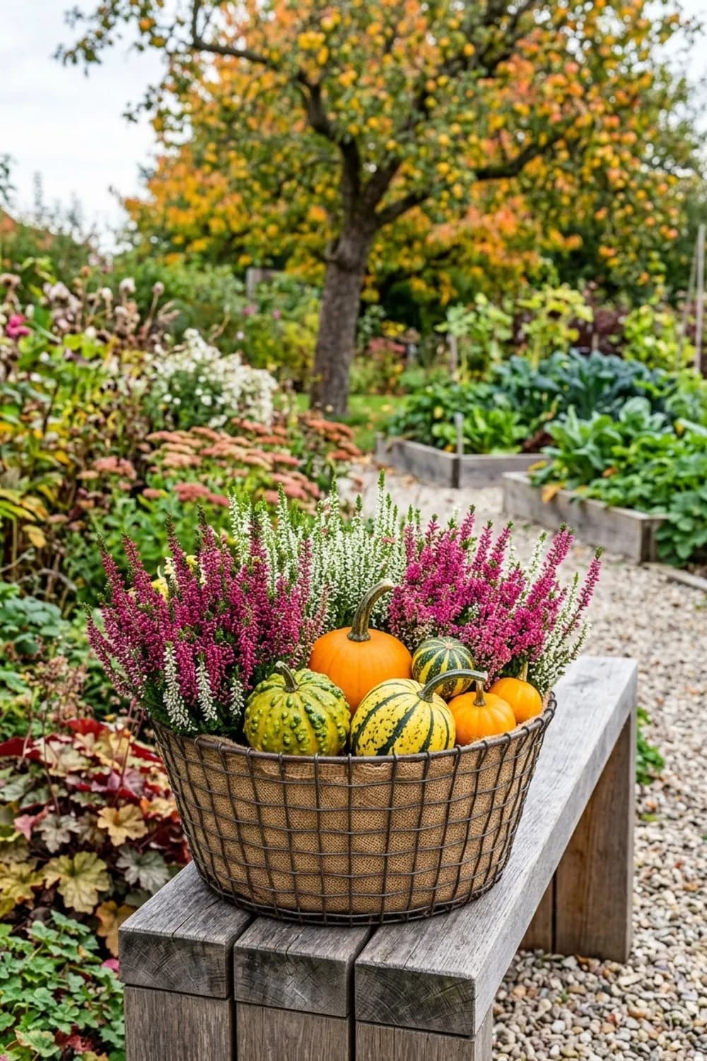 Leuchtender Herbstzauber: Heidekraut und Zierkürbisse – Drahtkorb dekorieren für den Garten: 11 schöne Ideen