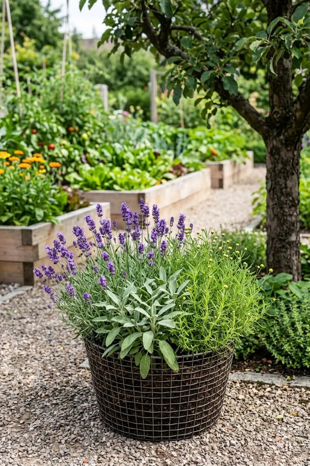 Mediterranes Flair: Lavendel, Salbei und Olivenkraut – Drahtkorb dekorieren für den Garten: 11 schöne Ideen