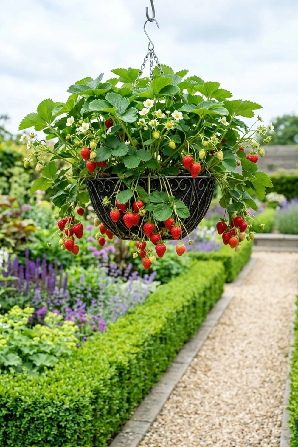 Naschkorb für die Terrasse: Hängende Erdbeeren – Drahtkorb dekorieren für den Garten: 11 schöne Ideen