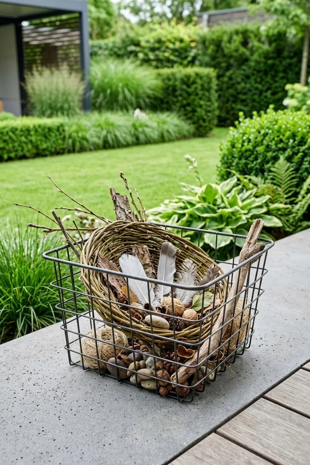 Natürliches Stillleben: Weide, Federn und Fundstücke – Drahtkorb dekorieren für den Garten: 11 schöne Ideen