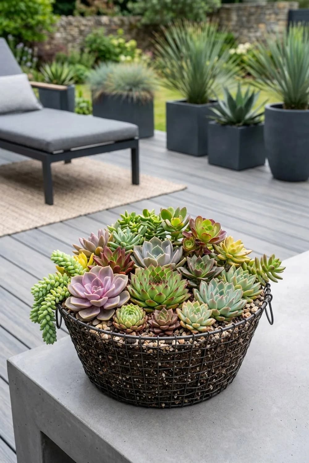Trockenkünstler-Mosaik: Pflegeleichte Sukkulenten – Drahtkorb dekorieren für den Garten: 11 schöne Ideen