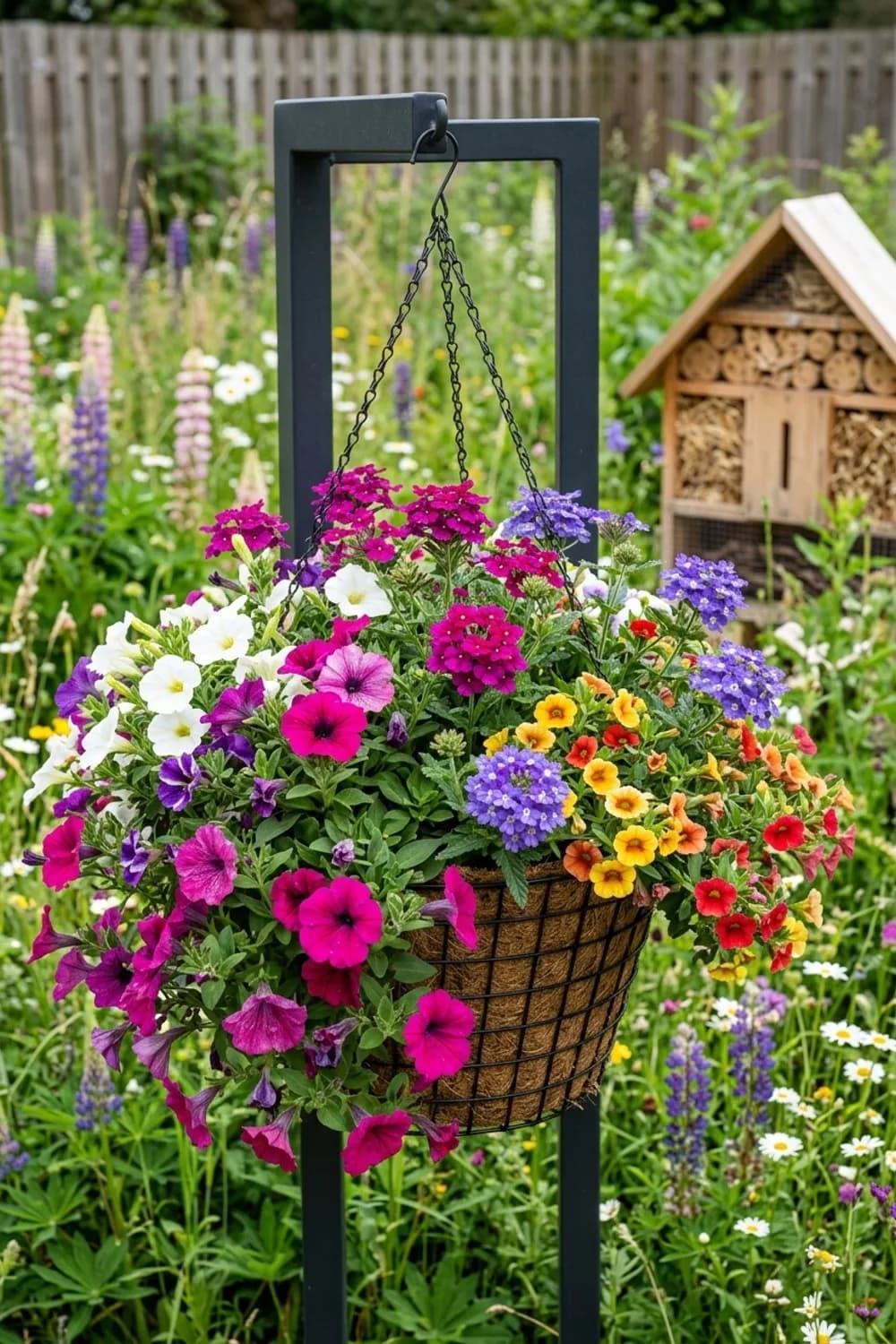 Üppiges Blütenmeer: Farbenfrohe Sommerblumen – Drahtkorb dekorieren für den Garten: 11 schöne Ideen