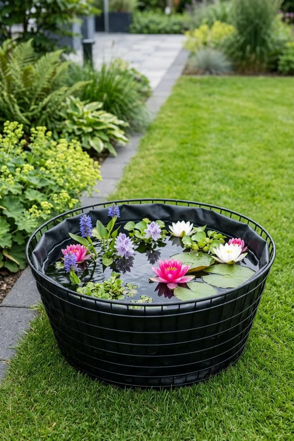 Ungewöhnlicher Miniteich: Schwimmende Blütenpracht – Drahtkorb dekorieren für den Garten: 11 schöne Ideen