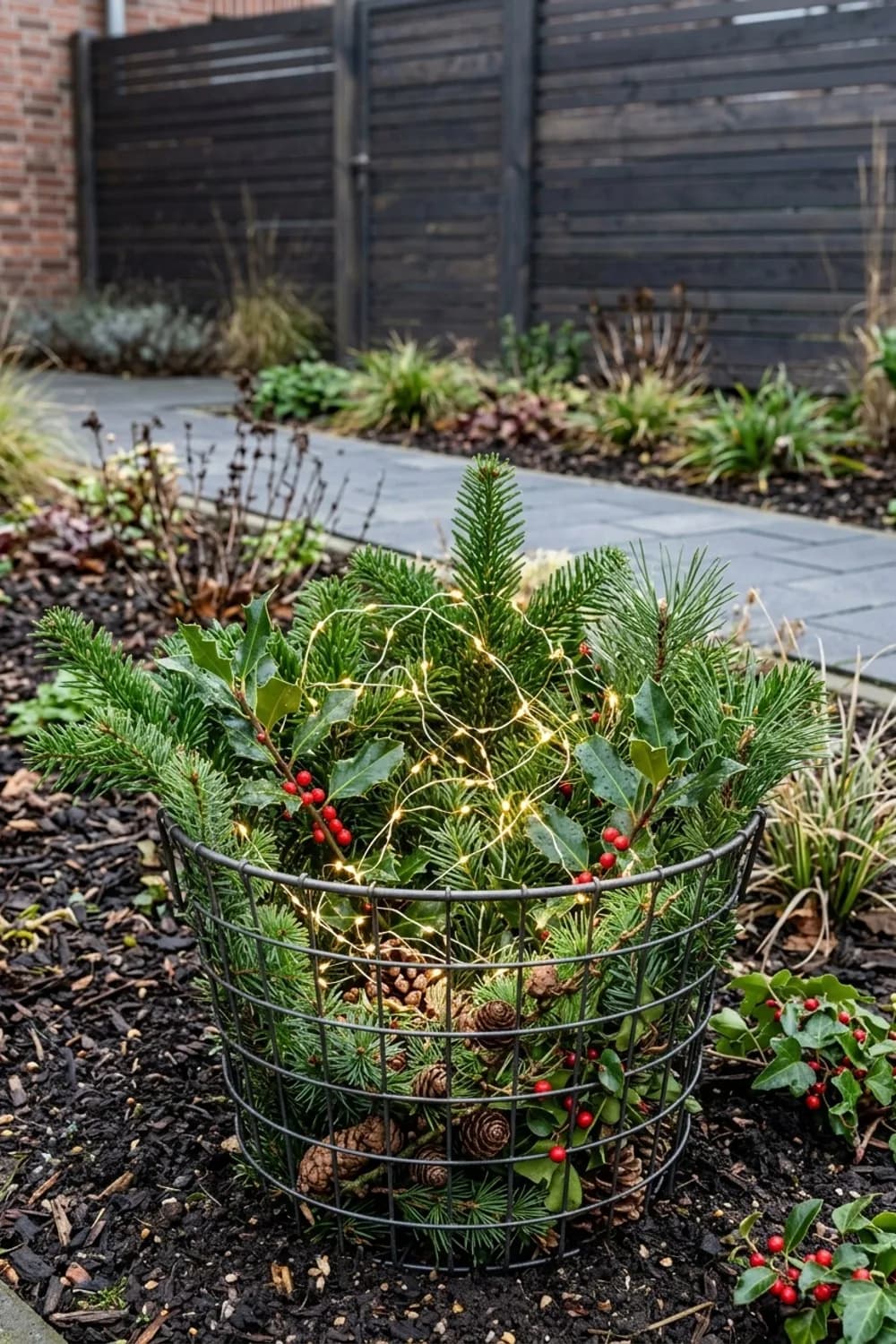 Wintermärchen im Korb: Tannengrün und Lichterglanz – Drahtkorb dekorieren für den Garten: 11 schöne Ideen