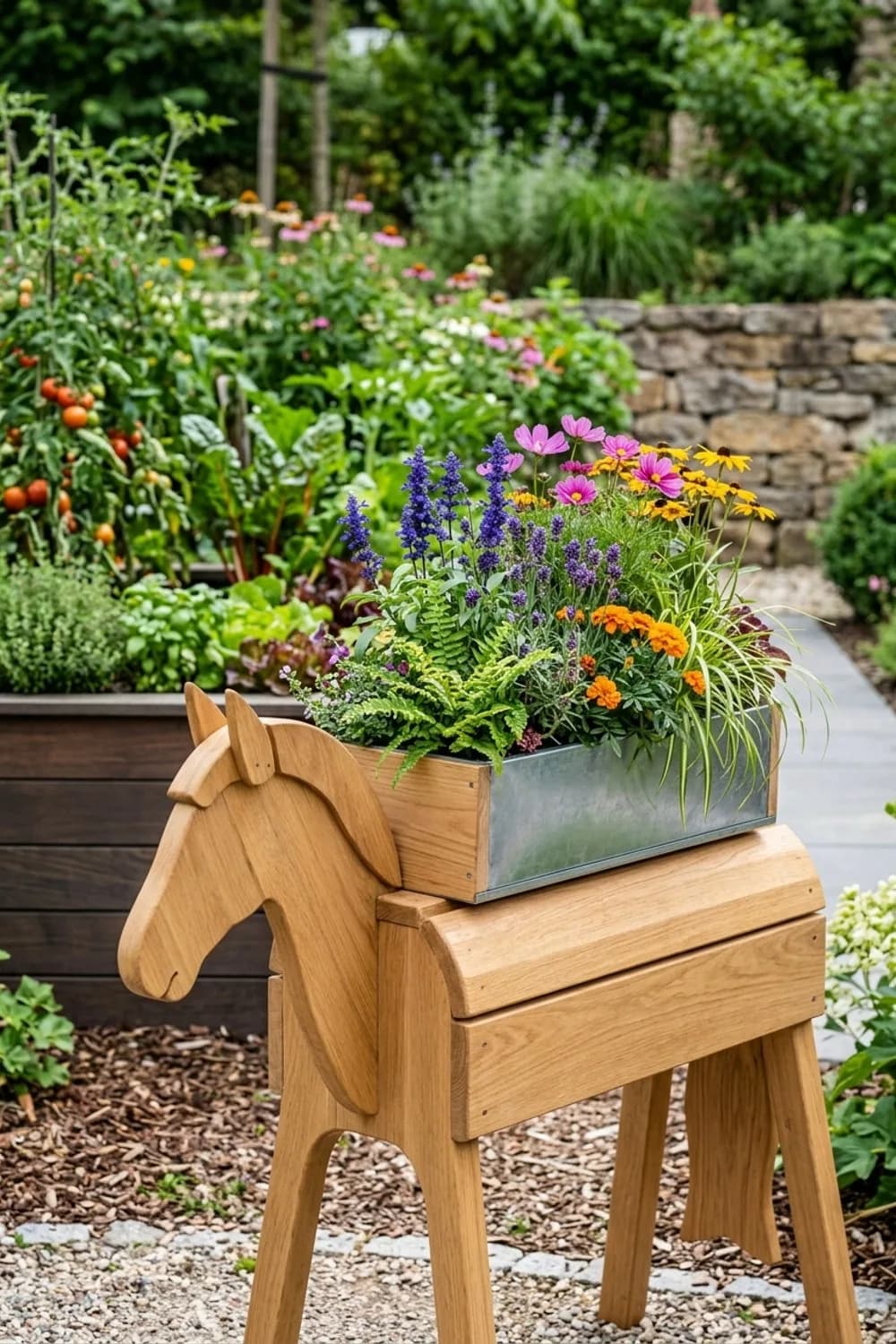 Bunte Blumenmähne: Der florale Sattelschmuck – Holzpferd im Garten: 10 schöne Ideen