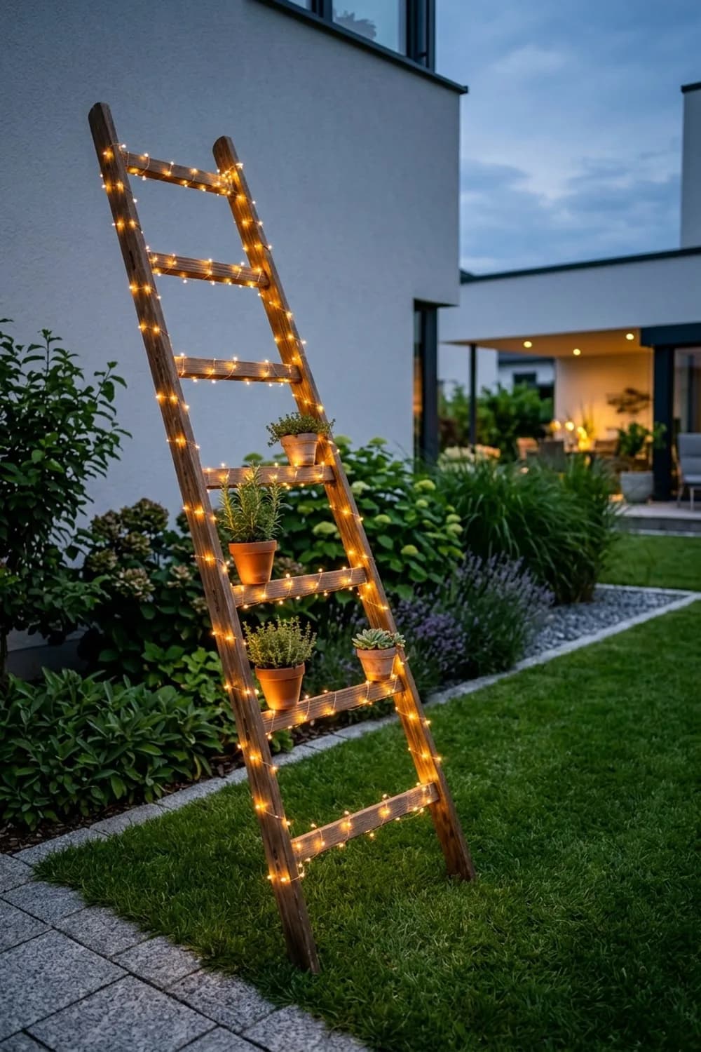 Der Lichterzauber für laue Abende: Stimmungslicht mit Lichterketten – Leiter als Deko im Garten: 7 schöne Ideen