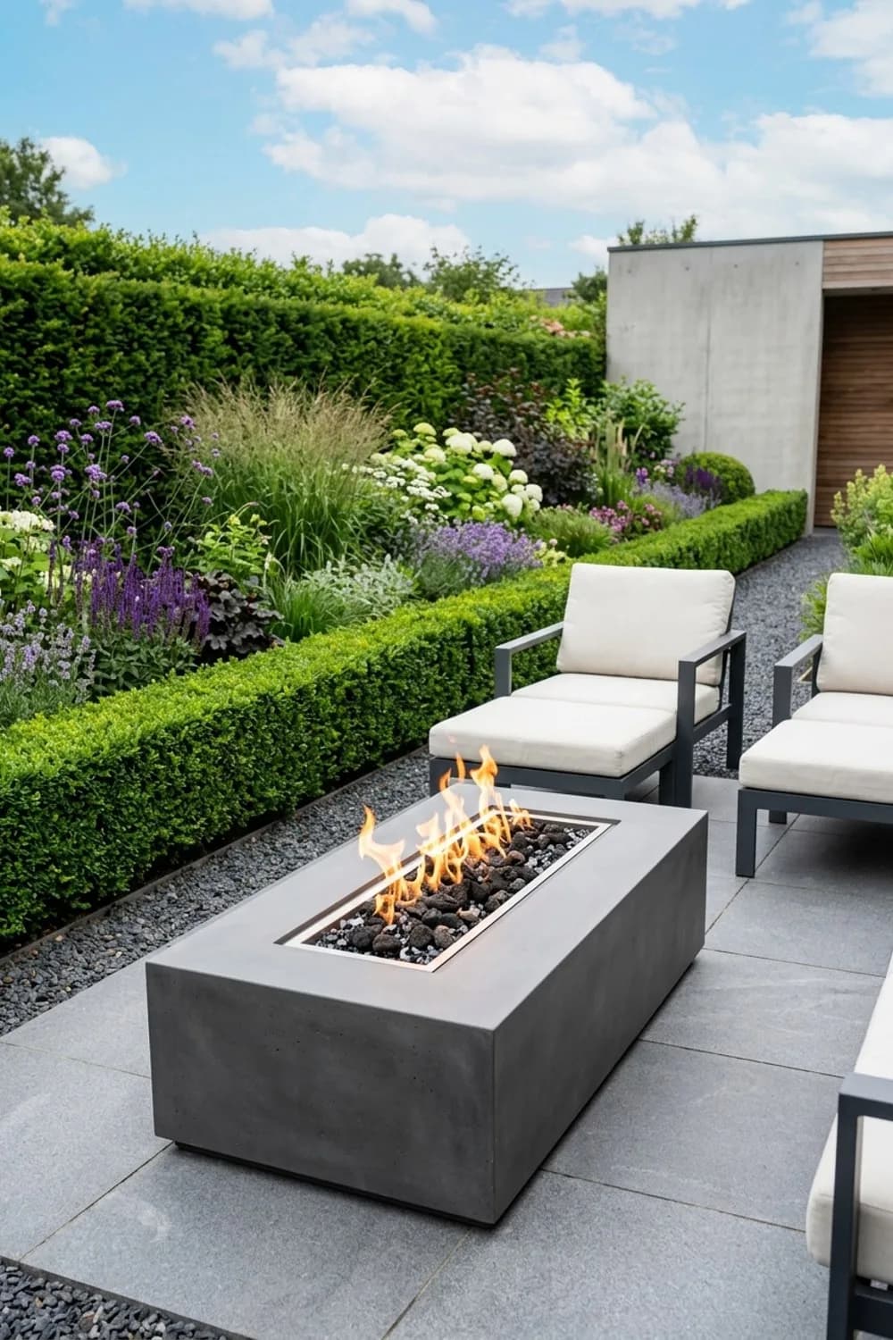 Die moderne Lounge-Ecke: Klare Linien und Gasfeuer – Feuerstelle mit Sitzecke im Garten: 10 Ideen