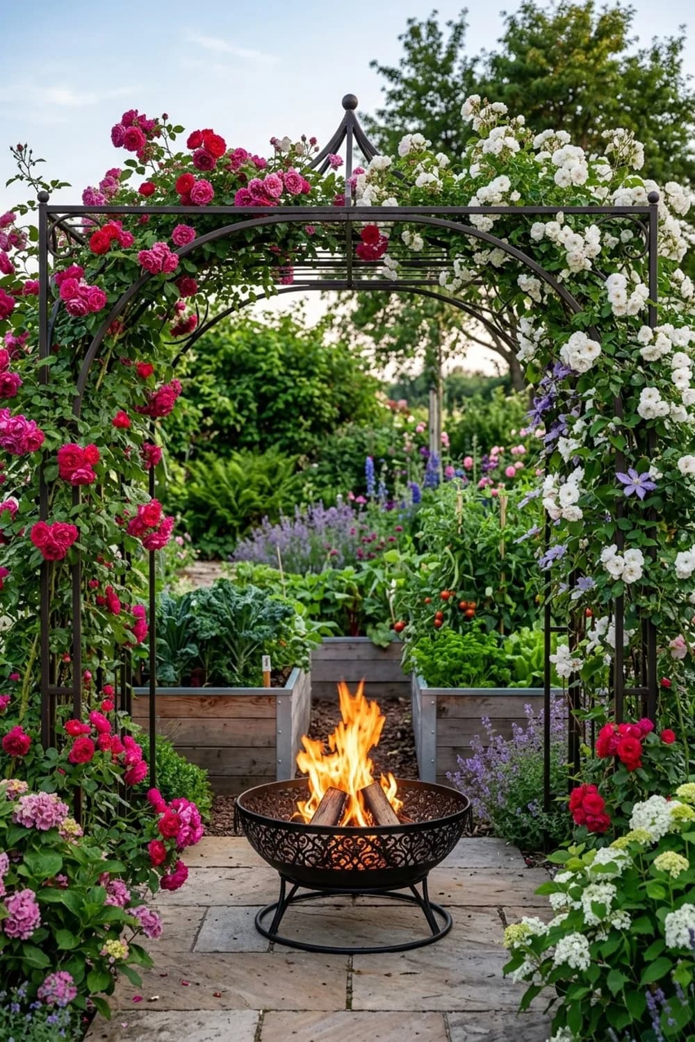 Die romantische Rosenlaube: Feuerzauber unter Blüten – Feuerstelle mit Sitzecke im Garten: 10 Ideen