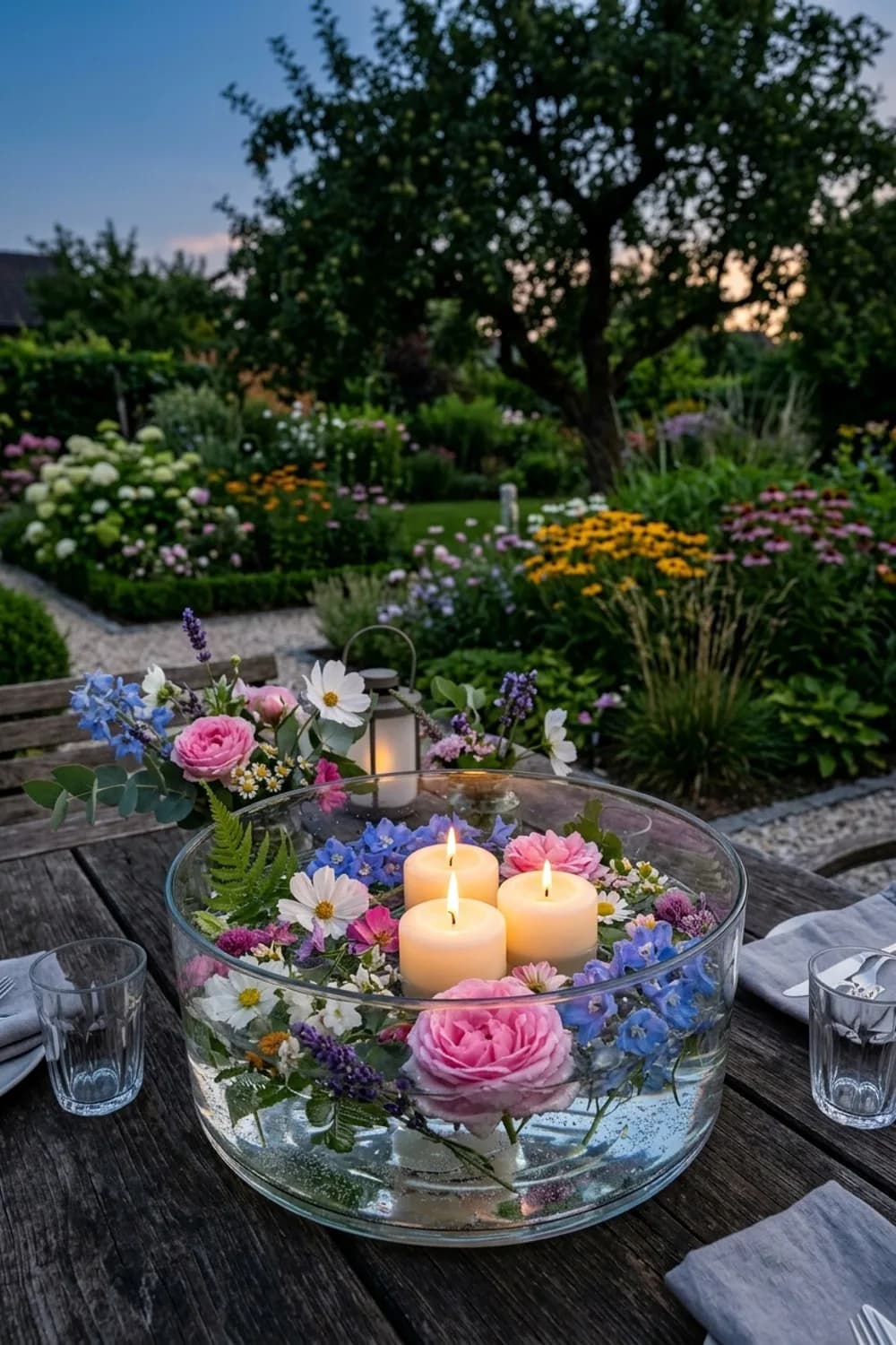 Romantisches Lichtermeer: Schwimmkerzen und Blütenzauber – Tischdeko im Garten: 7 schöne Ideen