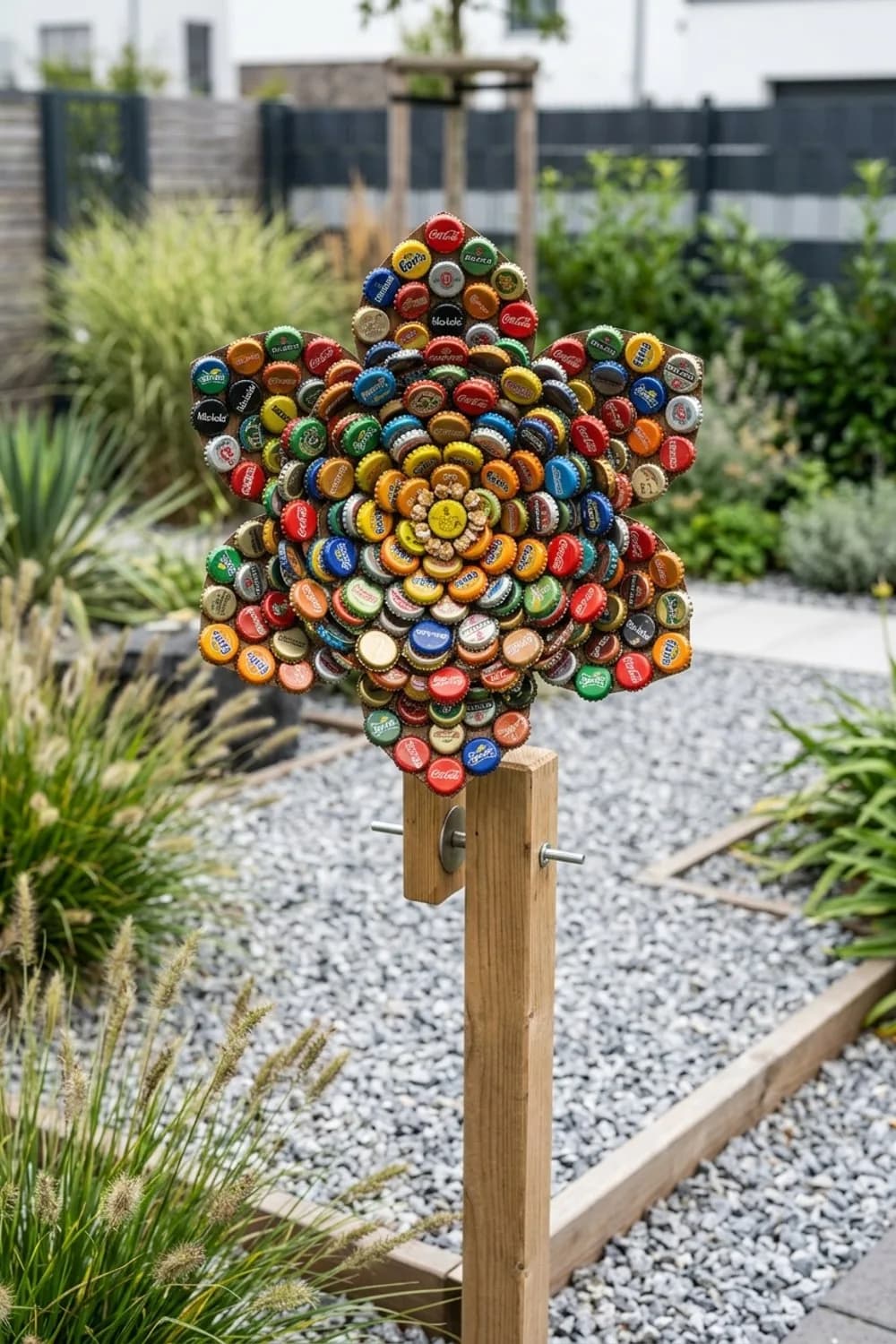 Kronkorken: Die bunte Mosaik-Blüte für Tüftler – Windrad basteln für den Garten: 9 kreative Ideen