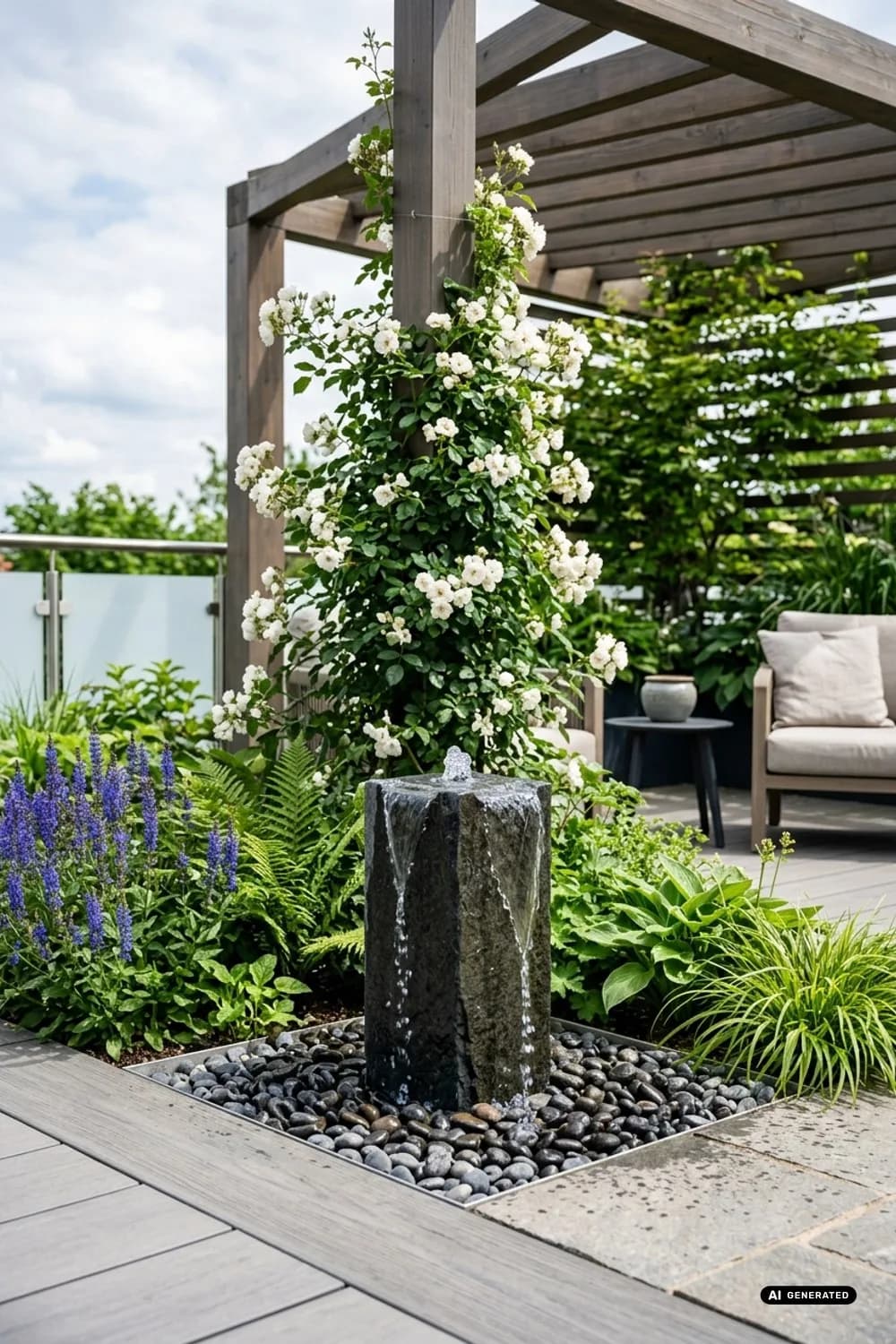 Ein Wasserelement integrieren: Plätschern für die Seele – Große Terrasse gemütlich gestalten: 9 schöne Ideen