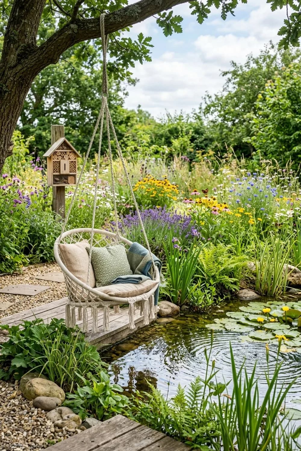 Am Teichufer: Meditation mit Wasserplätschern – Hängesessel im Garten: 7 gemütliche Ideen