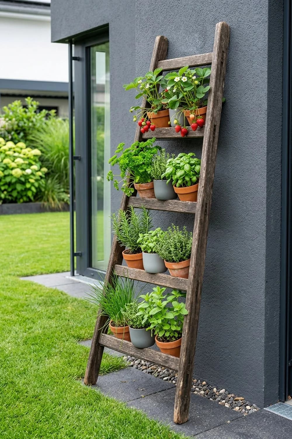 Dekorative Holzleitern: Vertikale Gärten auf kleinem Raum – Holzdeko im Garten: 10 schöne Ideen