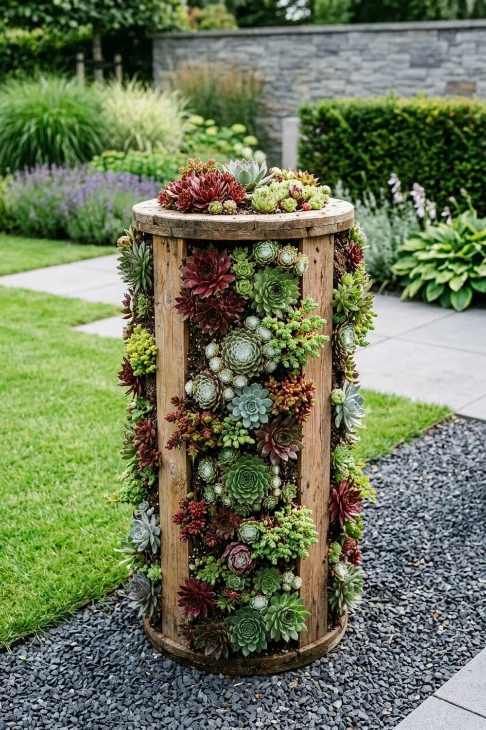 Die vertikale Sukkulenten-Wand: Ein lebendiges Pflanzenbild – Kabeltrommel im Garten: 9 kreative Ideen