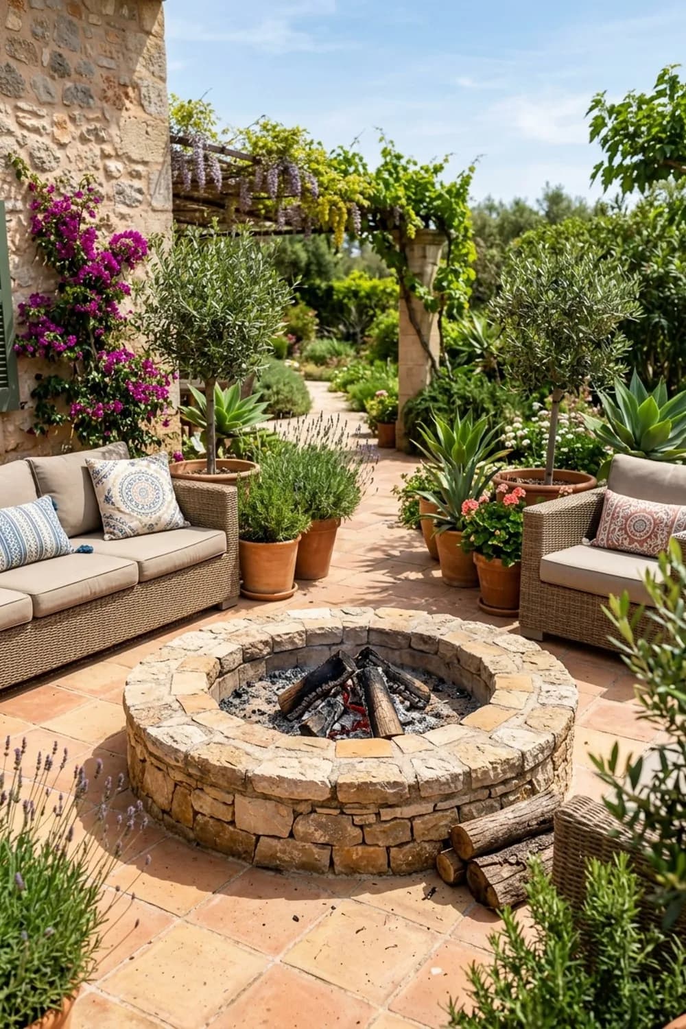 Mediterranes Flair: Gemauerte Feuerstelle mit Terrakotta – Lagerfeuerstelle im Garten: 11 schöne Ideen