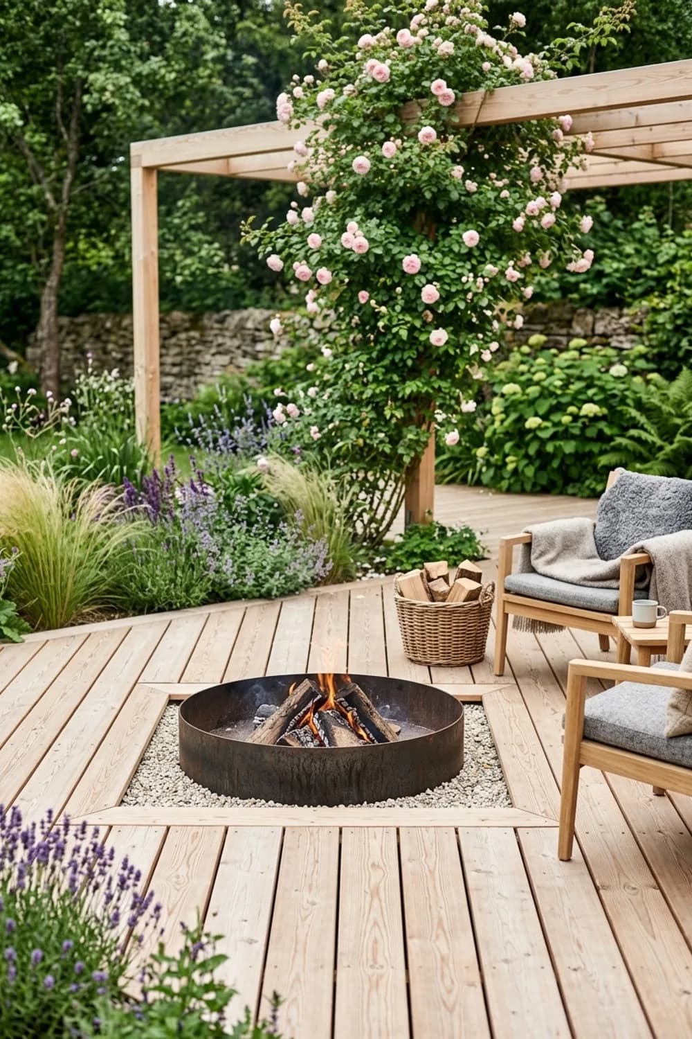 Skandinavische Hygge: Holzdeck mit integrierter Feuerstelle – Lagerfeuerstelle im Garten: 11 schöne Ideen