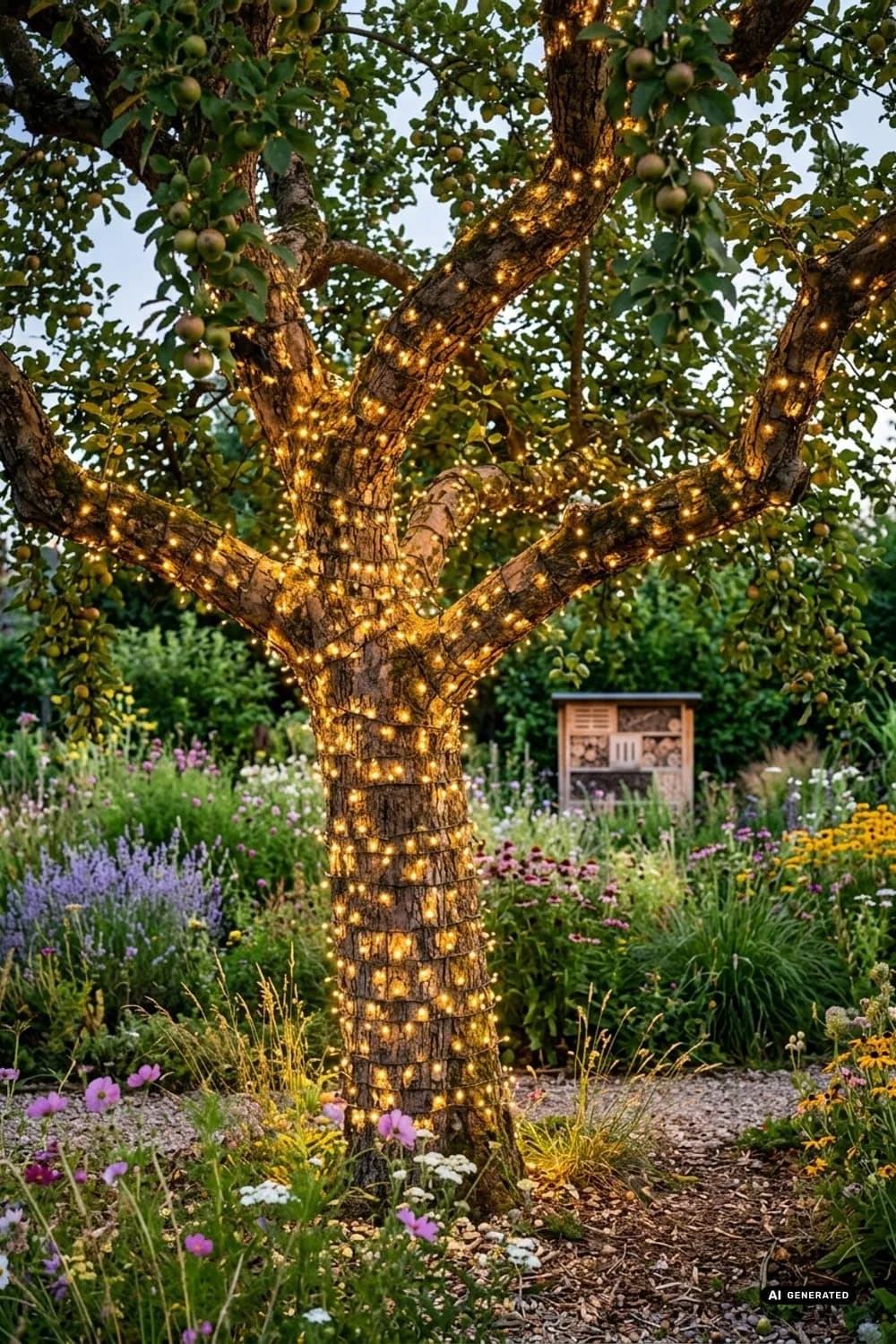 Baumstamm umwickeln: Ein leuchtender Märchenbaum – Lichterkette im Garten: 9 schöne Ideen