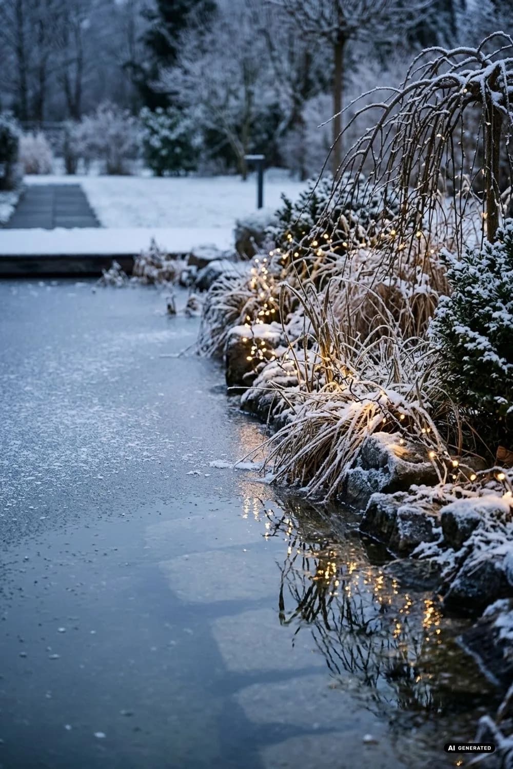 Teichrand im Winterzauber: Spiegelungen im Eis – 18 Ideen für Lichterketten im Garten, die magisch wirken