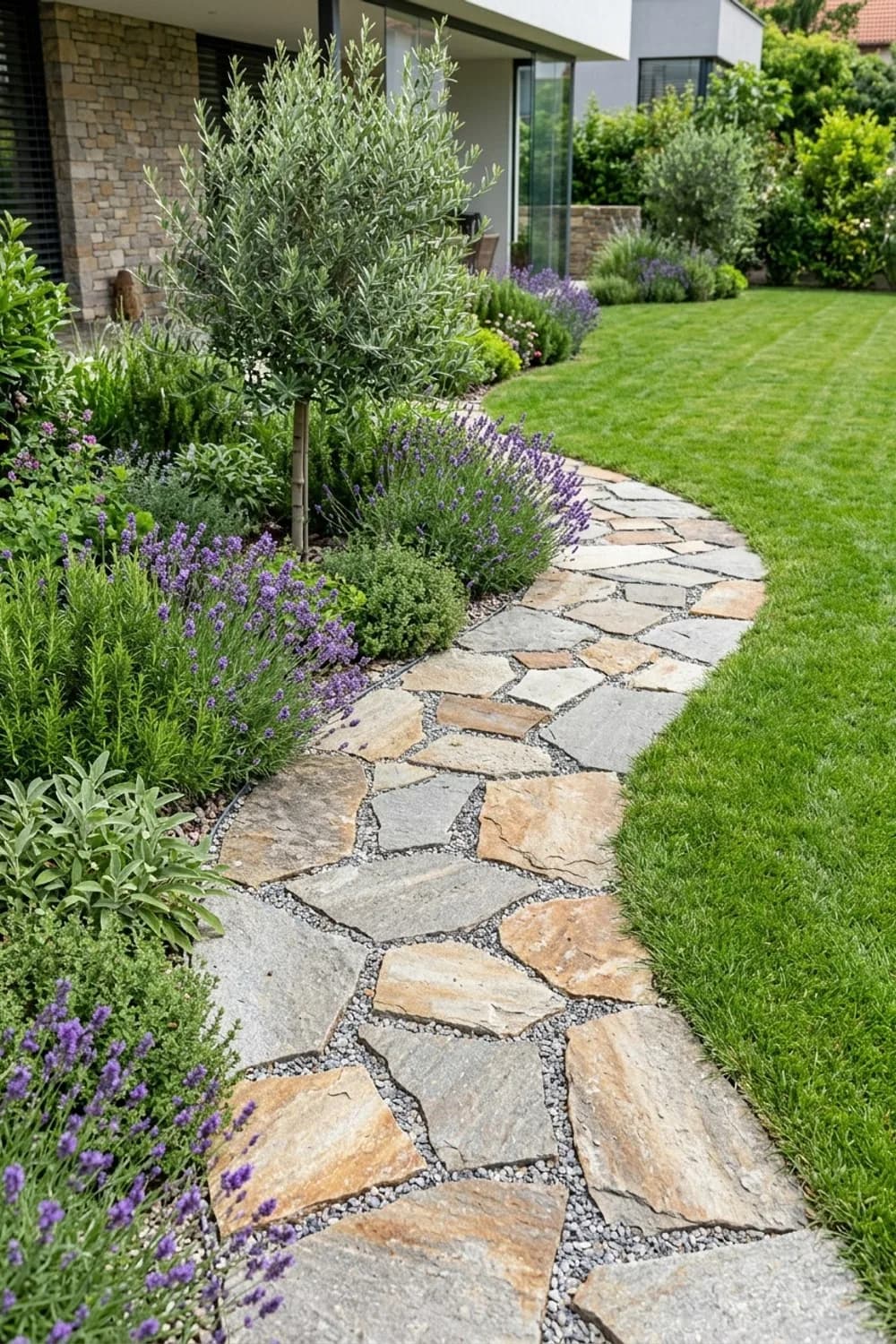 Gartenweg aus Polygonalplatten: Mediterranes Flair – Natursteine im Garten: 9 schöne Ideen