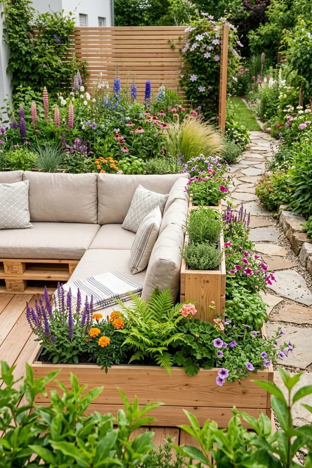 Die grüne Oase: Lounge mit integrierten Pflanzkästen – Paletten-Lounge im Garten: 10 kreative Ideen
