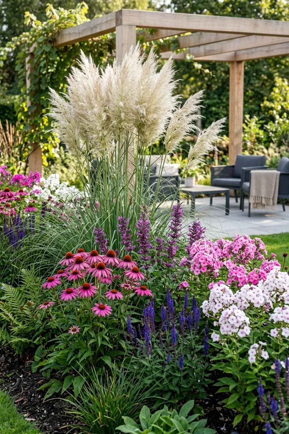 Romantisches Staudenbeet: Kontrast zu zarten Blüten – Pampasgras im Garten: 7 schöne Ideen