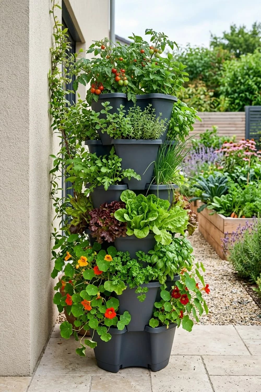 Platzwunder in die Höhe: Vertikales Gärtnern mit gestapelten Kübeln – Pflanzenkübel für den Garten: 7 schöne Ideen