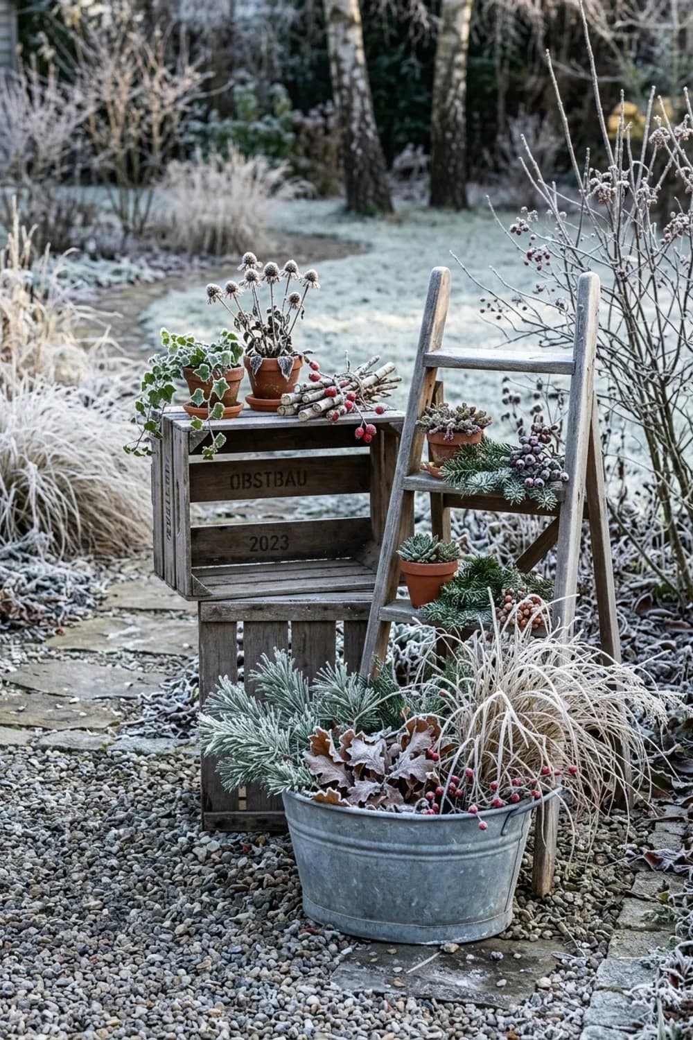 Alte Holzkisten und Leitern: Eine Bühne für deine Deko – Terrasse winterlich dekorieren: 12 wundervolle Ideen
