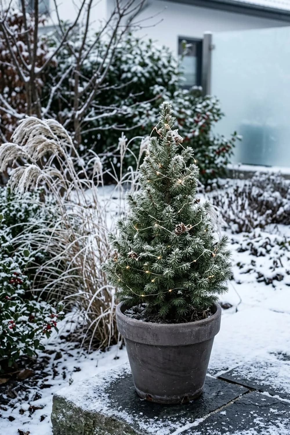 Ein Mini-Nadelbaum im Topf: Der kleine Weihnachtsbaum – Terrasse winterlich dekorieren: 12 wundervolle Ideen