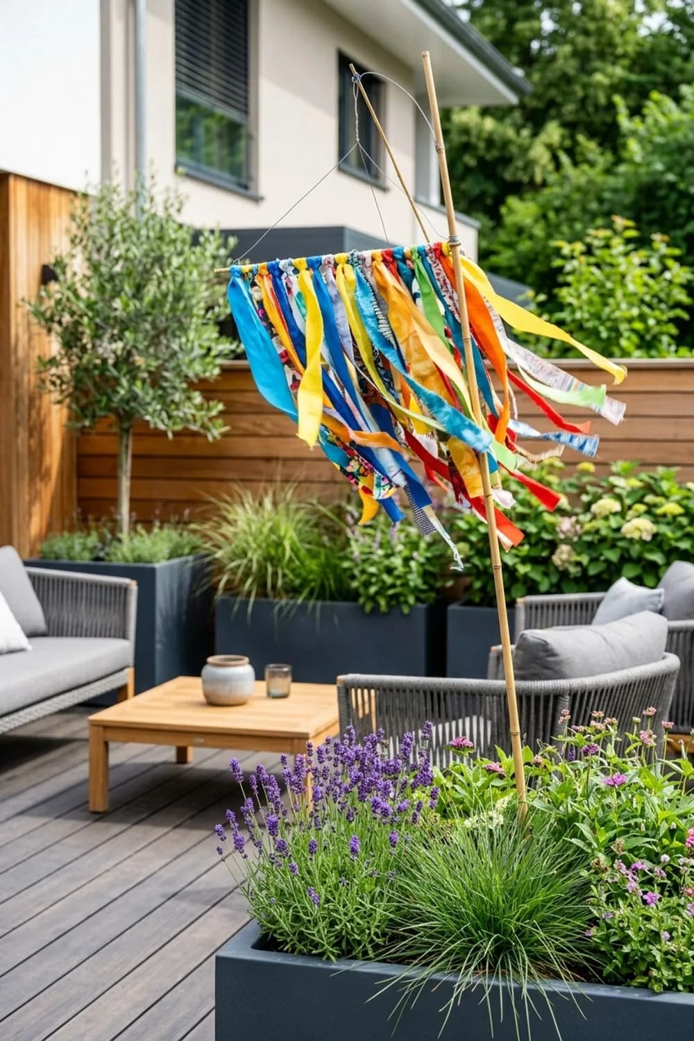 Der Flattermann: mit bunten Bändern und Stoffresten – Vogelscheuche basteln für den Garten: 11 kreative Ideen
