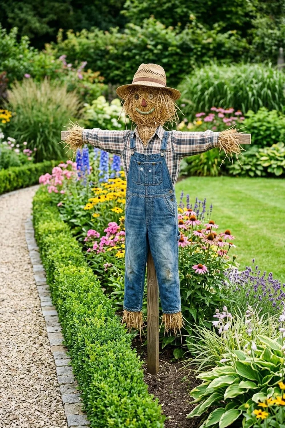 Der Klassiker: Strohmann mit Latzhose und Hut – Vogelscheuche basteln für den Garten: 11 kreative Ideen