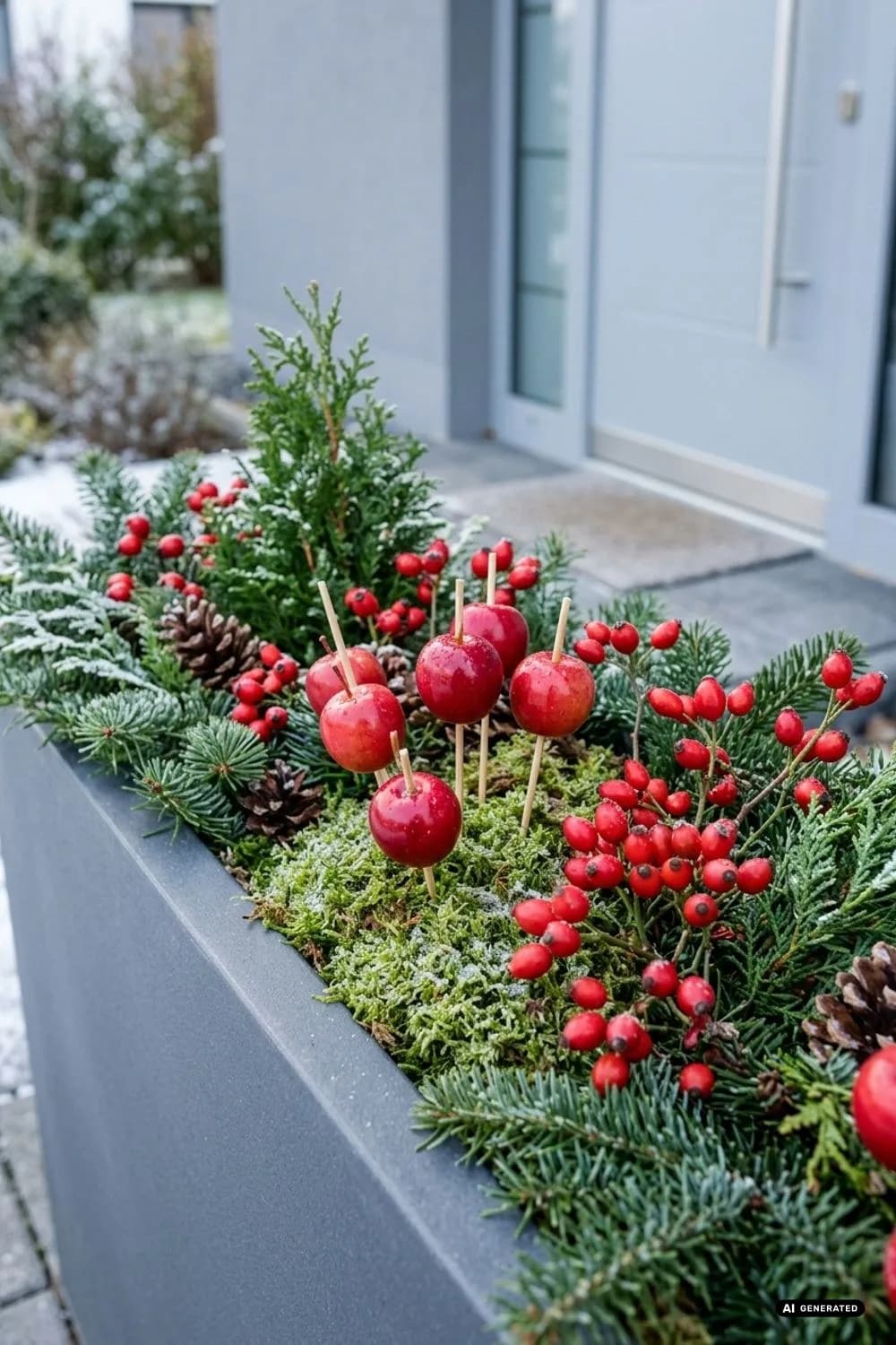Äpfel und Hagebutten: Leuchtend rote Farbtupfer – 22 Ideen für weihnachtliche Pflanzkübel vor der Haustür