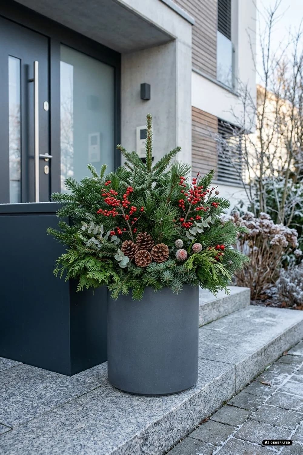 Gesteck aus Koniferengrün: Haltbare Alternative – 22 Ideen für weihnachtliche Pflanzkübel vor der Haustür