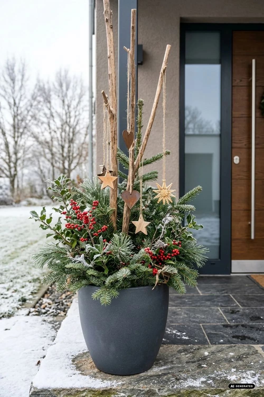 Hängende Deko-Elemente: Sterne und Herzen – 22 Ideen für weihnachtliche Pflanzkübel vor der Haustür
