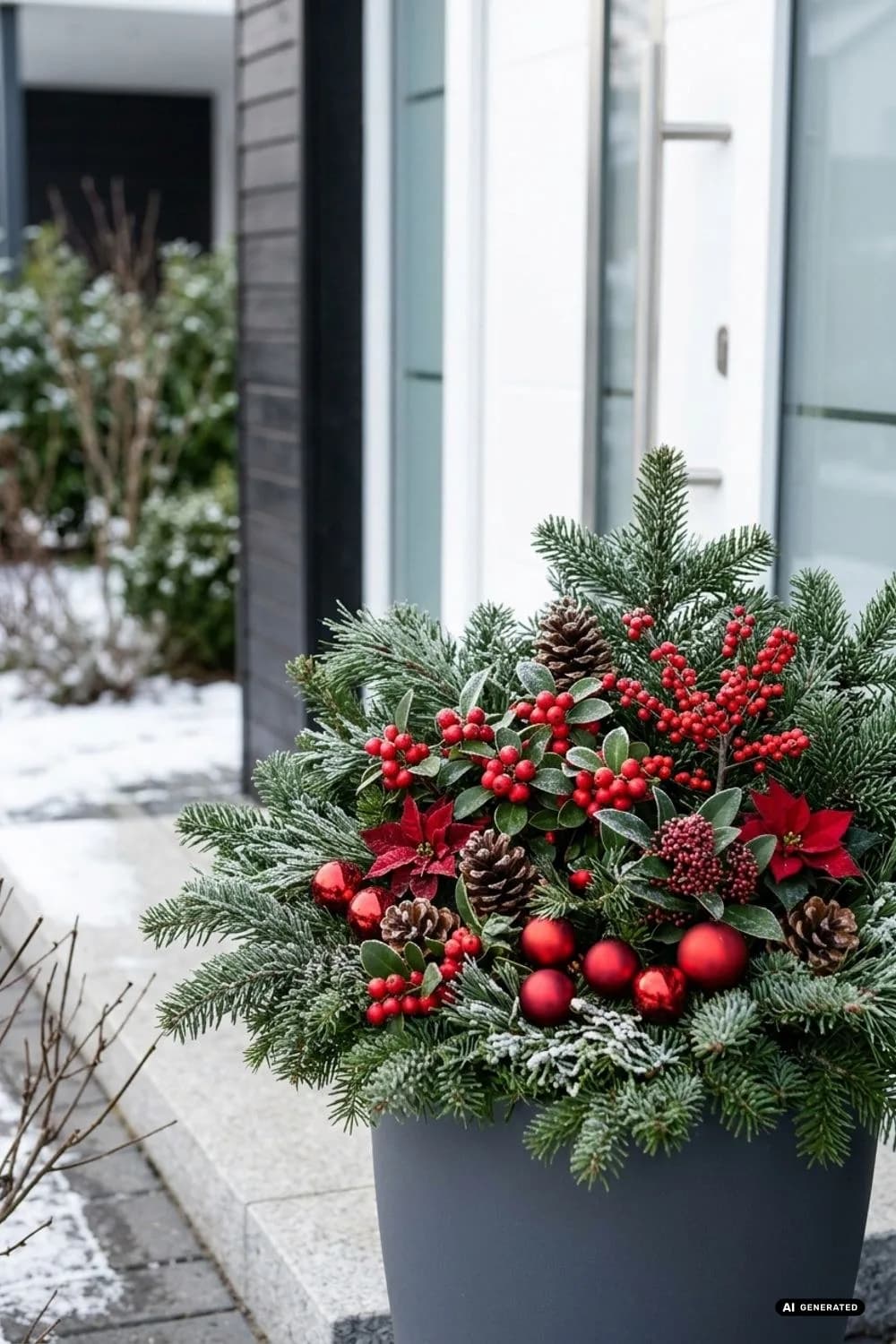 Klassisch in Rot und Grün: Das traditionelle Duo – 22 Ideen für weihnachtliche Pflanzkübel vor der Haustür