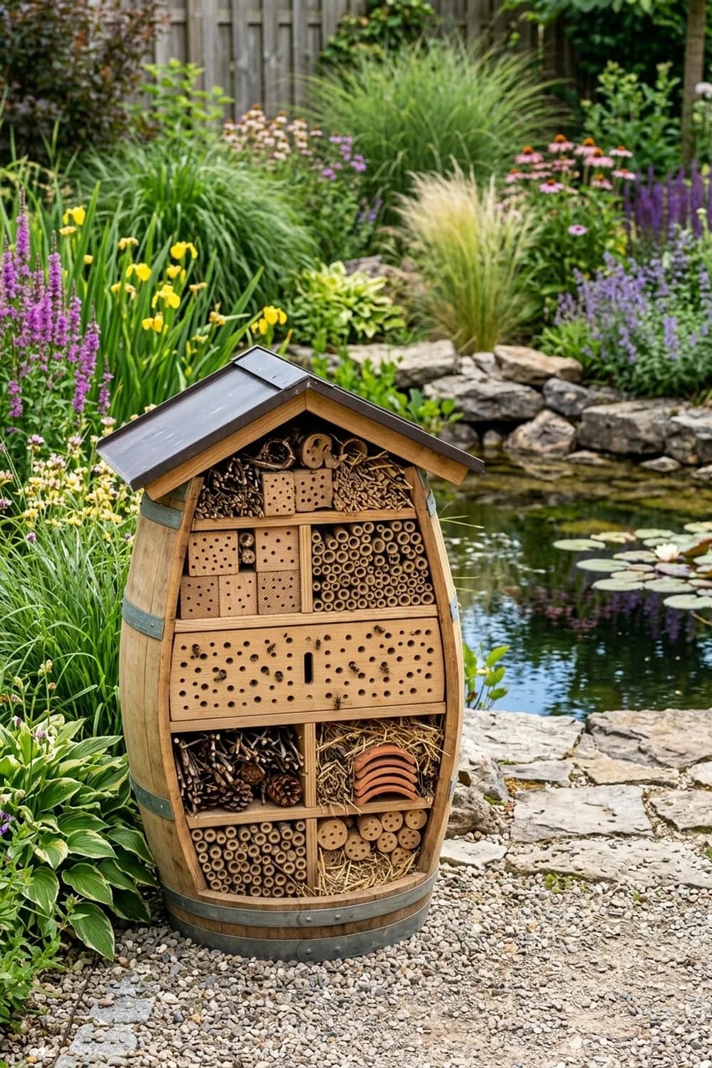 Das Insektenhotel: Ein Zuhause für Nützlinge – Weinfass als Deko im Garten: 9 schöne Ideen