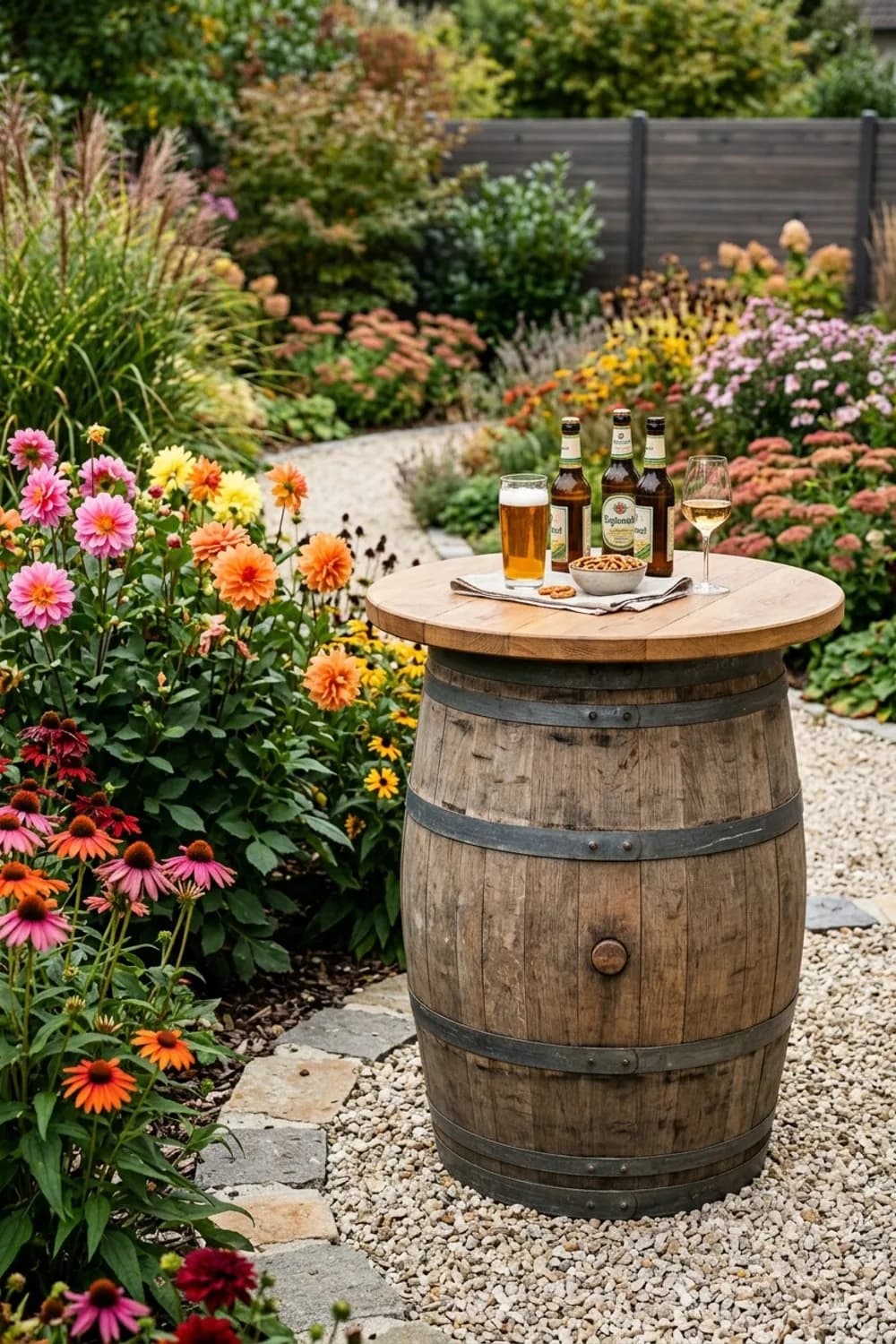 Der Garten-Stehtisch: Geselliger Mittelpunkt für Feste – Weinfass als Deko im Garten: 9 schöne Ideen