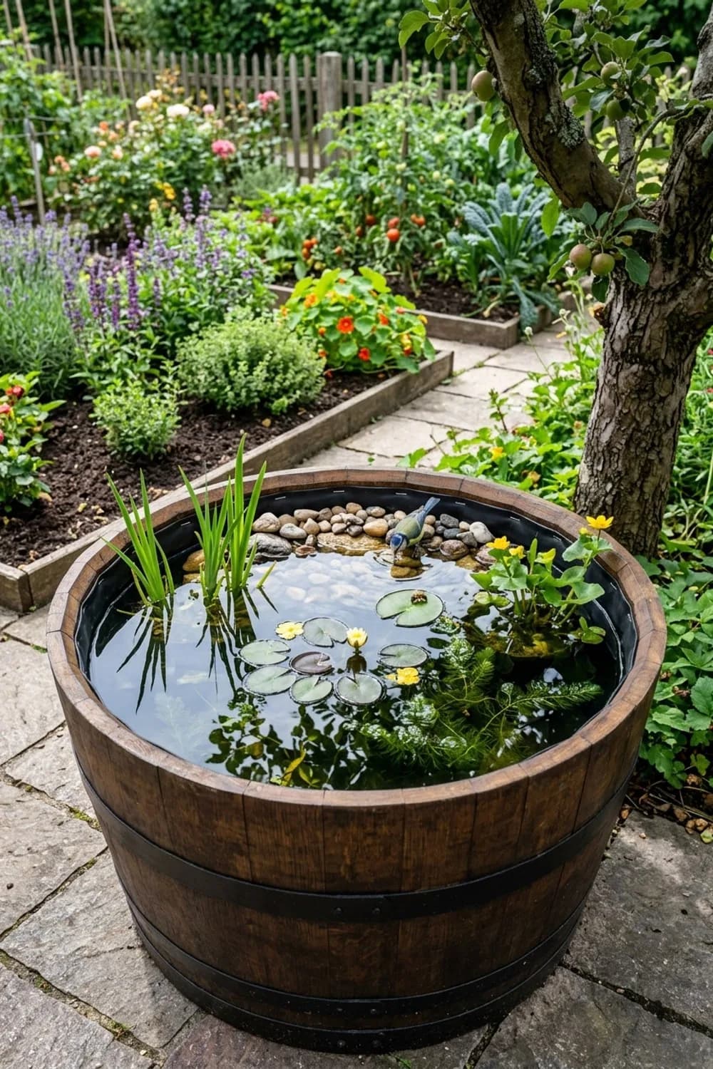 Der Mini-Teich: Ein kleines Wasserparadies erschaffen – Weinfass als Deko im Garten: 9 schöne Ideen