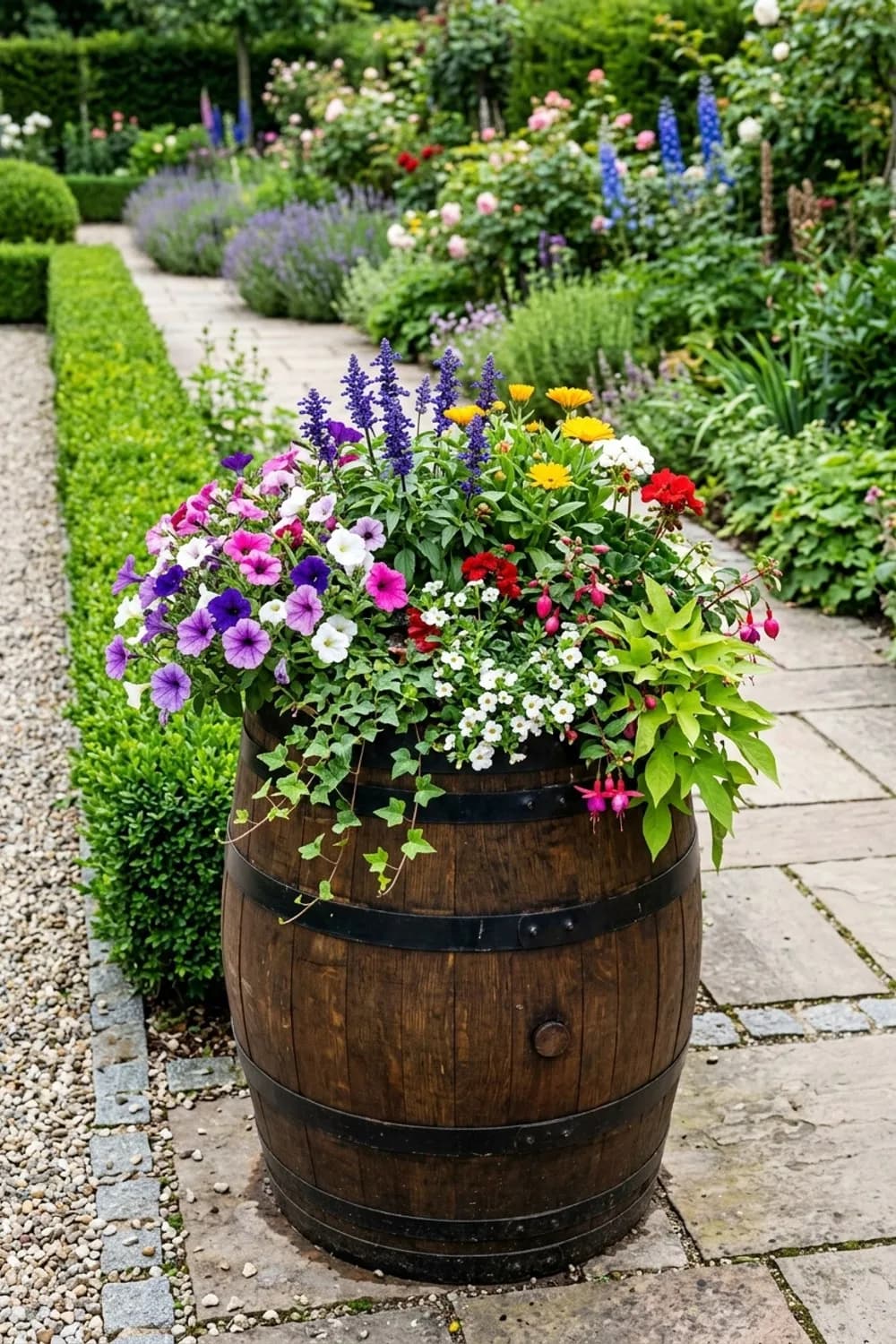 Die Blumen-Oase: Ein Meer aus Farben und Düften – Weinfass als Deko im Garten: 9 schöne Ideen