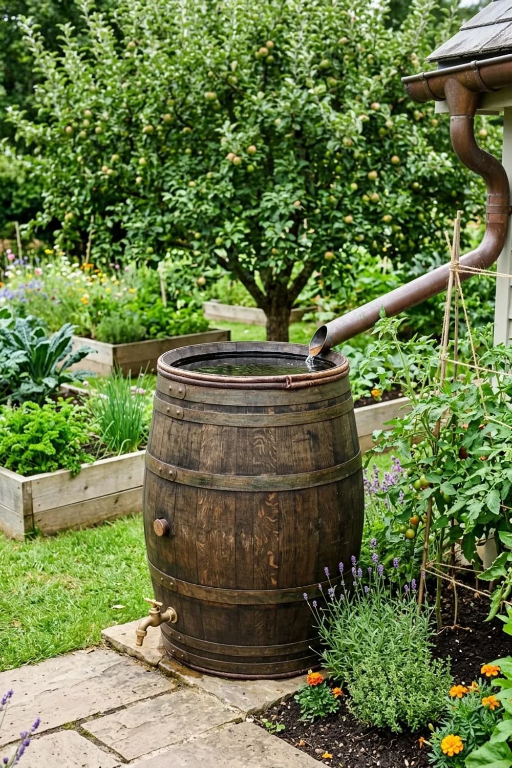 Die rustikale Regentonne: Nachhaltig Wasser sammeln – Weinfass als Deko im Garten: 9 schöne Ideen