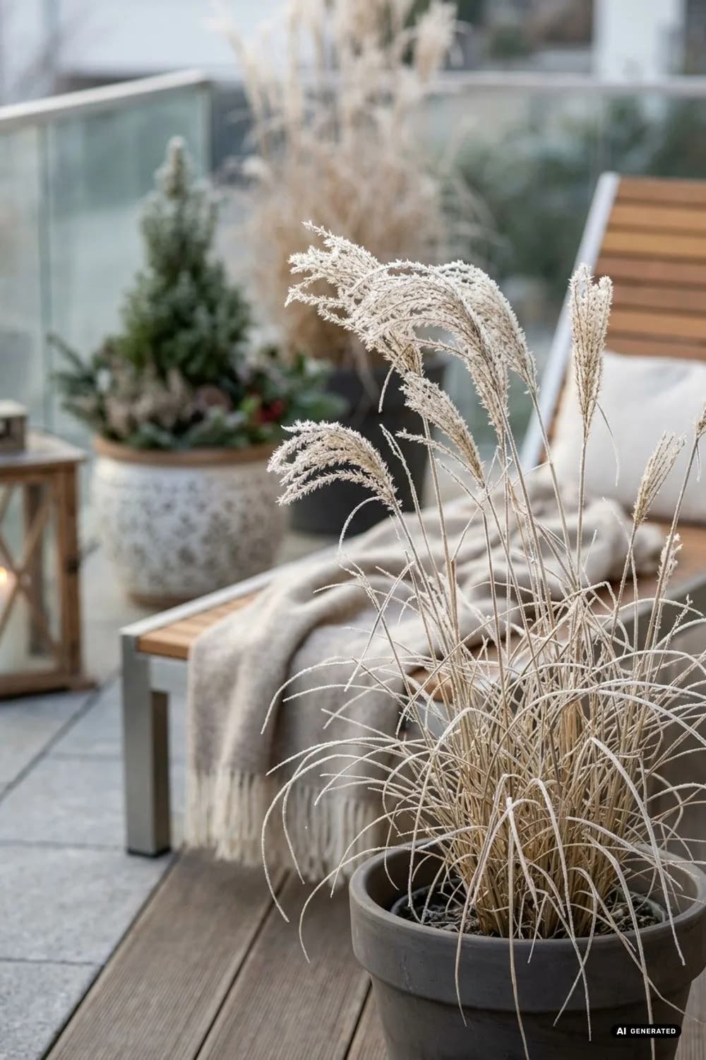 Gräser im Raureif: Filigrane Wintersilhouetten – 12 Ideen für eine Winterterrasse im Hygge-Stil