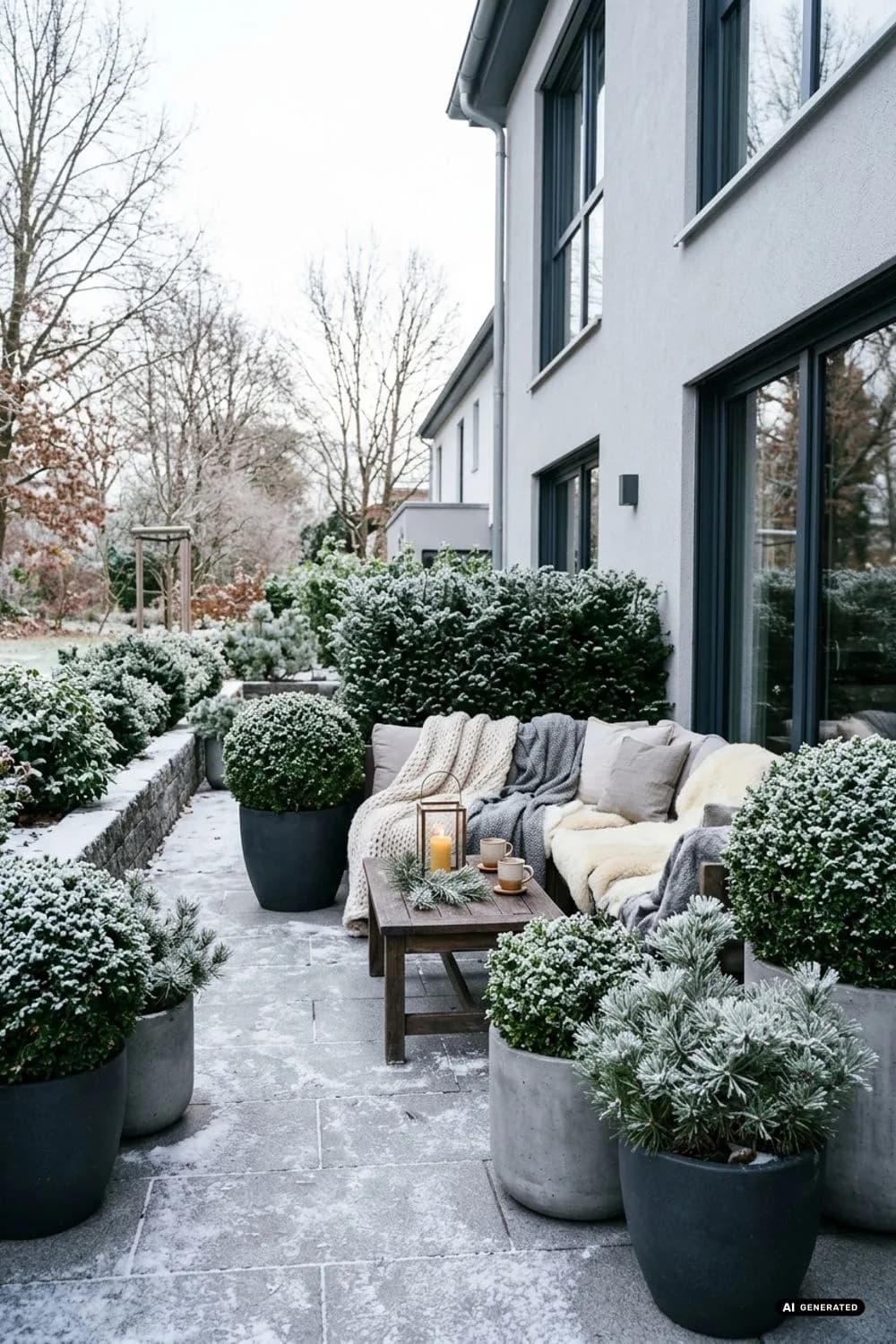Immergrüne Strukturgeber: Das grüne Rückgrat im Winter – 12 Ideen für eine Winterterrasse im Hygge-Stil