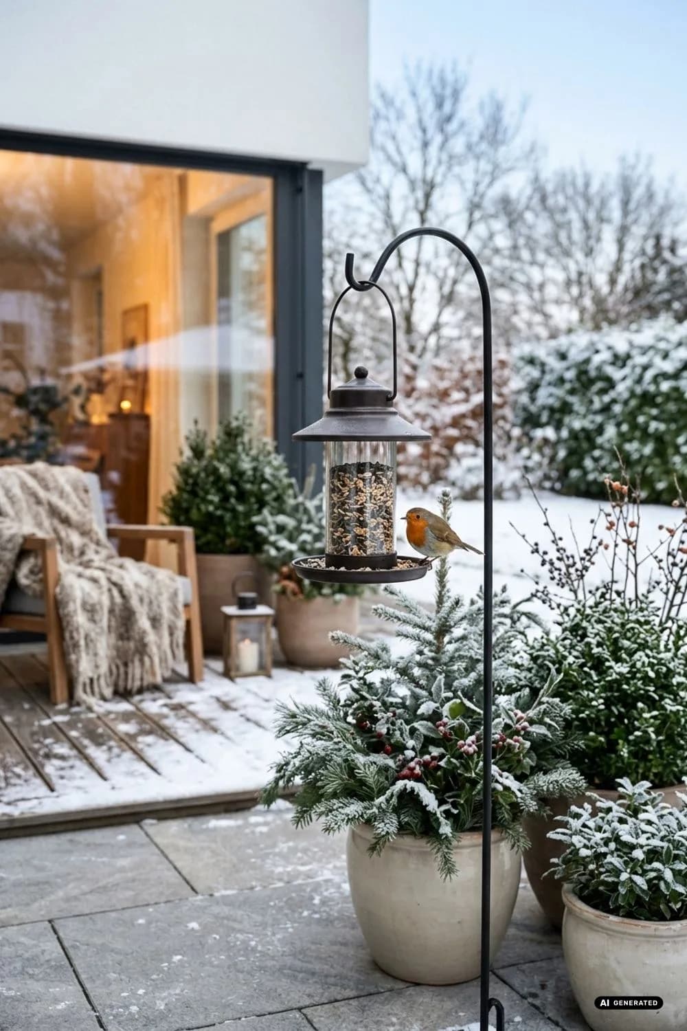 Vogelfütterung: Lebendiges Treiben vor dem Fenster – 12 Ideen für eine Winterterrasse im Hygge-Stil