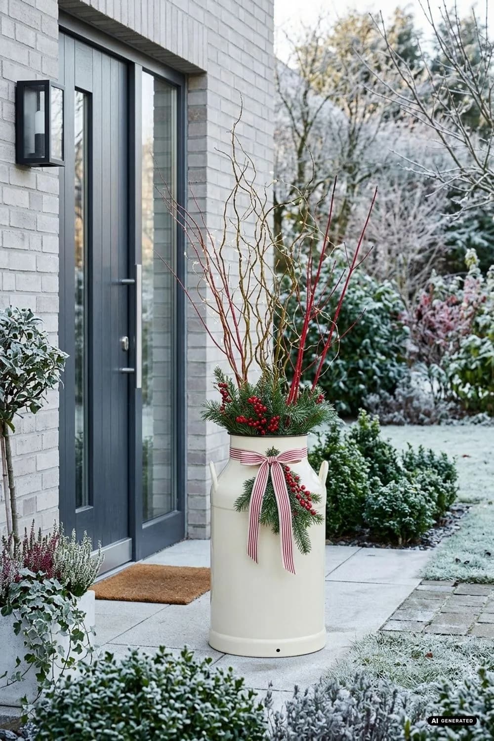 Emaille-Milchkanne als Willkommensgruß am Eingang – 14 Ideen mit Zink & Emaille für winterliche Gartendeko