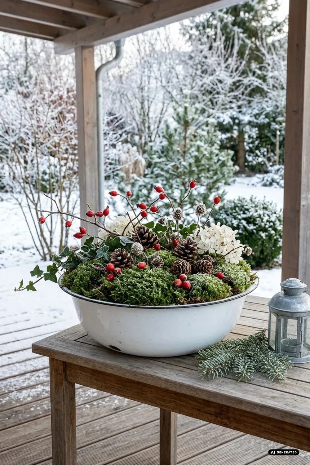 Emaille-Schüssel mit Naturmaterialien – 14 Ideen mit Zink & Emaille für winterliche Gartendeko
