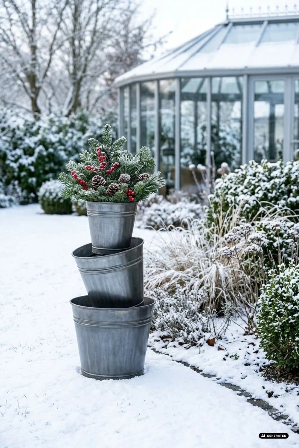 Gestapelte Zinktöpfe als winterliche Skulptur – 14 Ideen mit Zink & Emaille für winterliche Gartendeko
